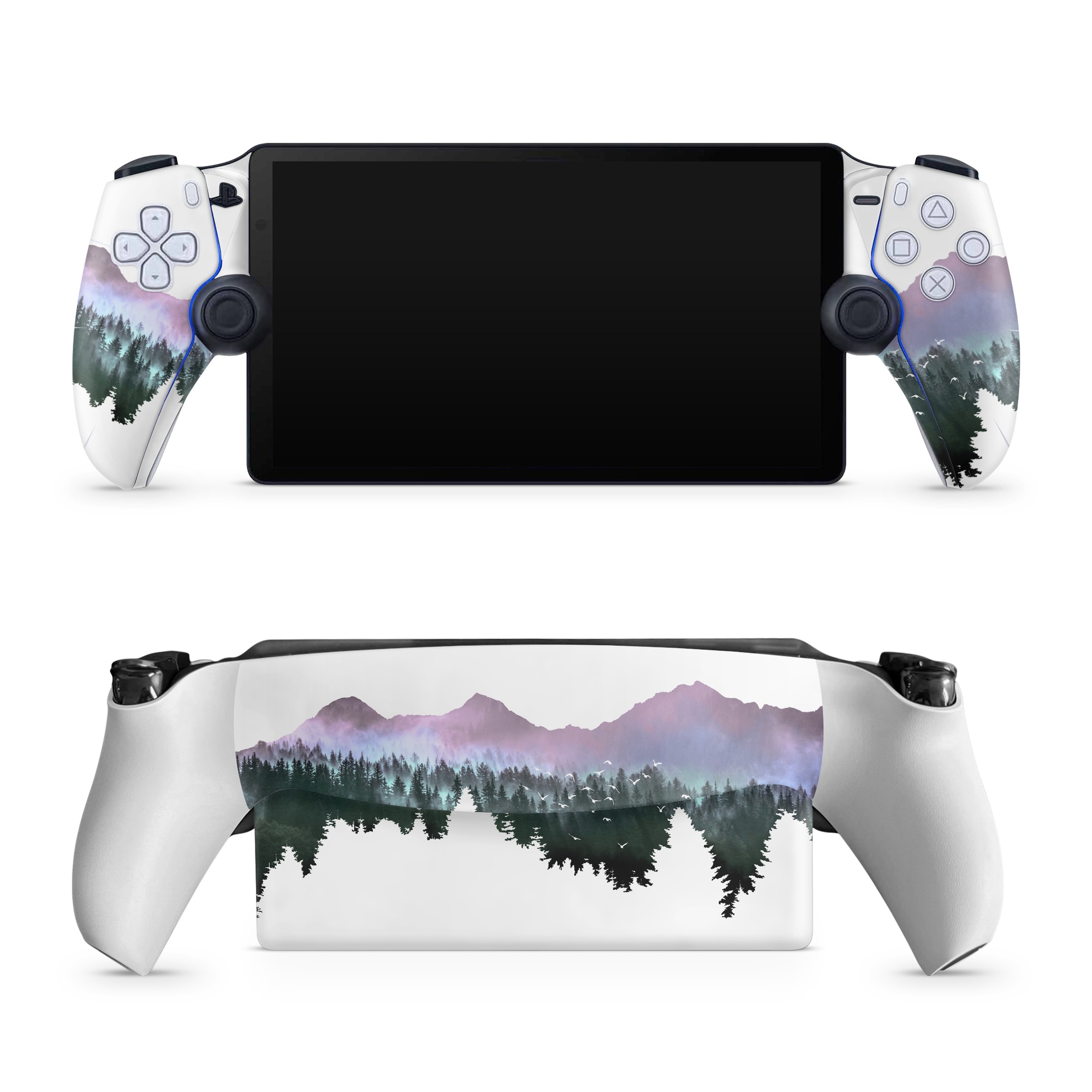 PlayStation Portal Skin design of Nature, Mountainous landforms, Mountain, Atmospheric phenomenon, Tree, Wilderness, Sky, Mountain range, Forest, Hill, with white, black, purple, blue, green colors