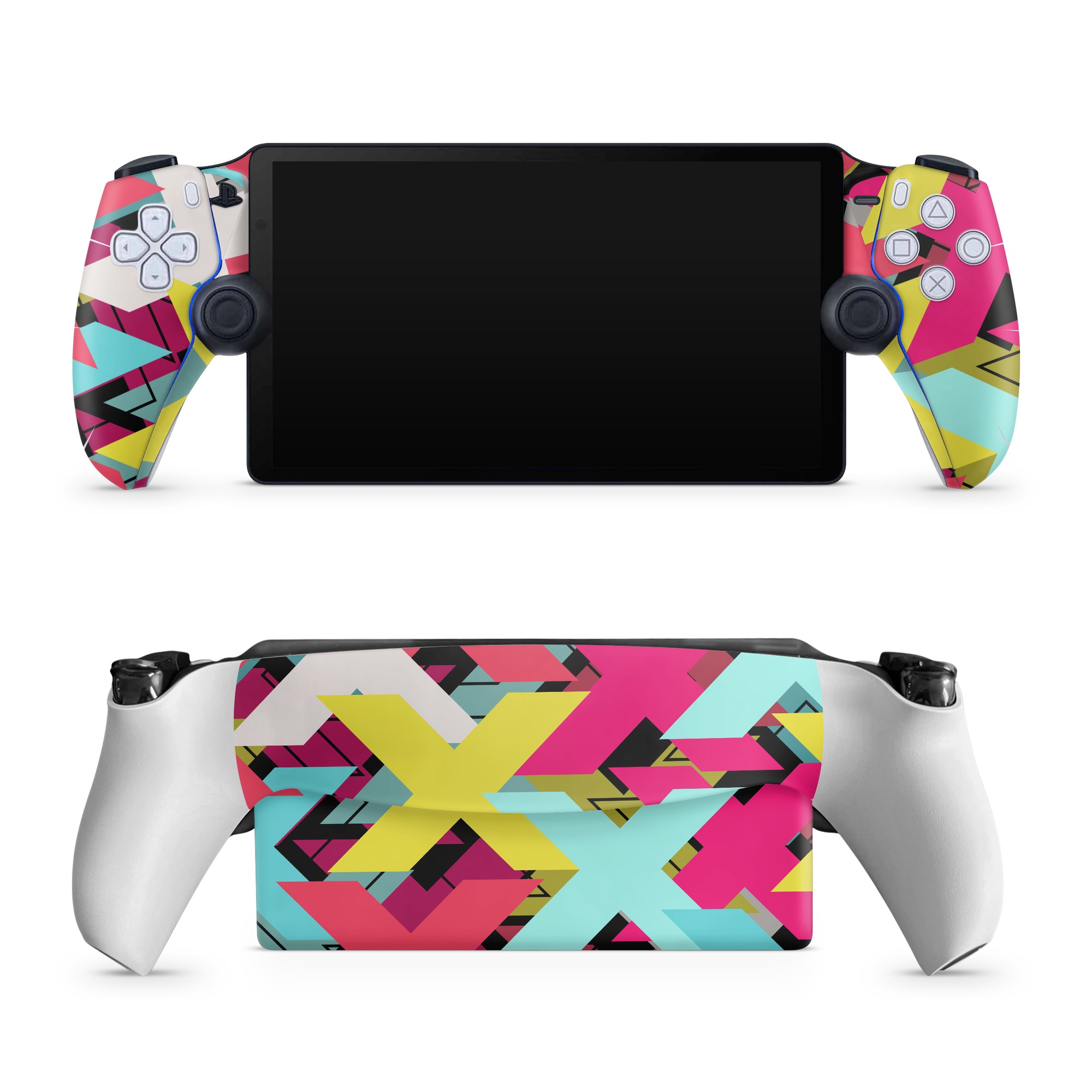 PlayStation Portal Skin design of Pattern, Graphic design, Line, Design, Triangle, Font, Illustration, Magenta, Visual arts, with yellow, blue, white, black, red, pink colors