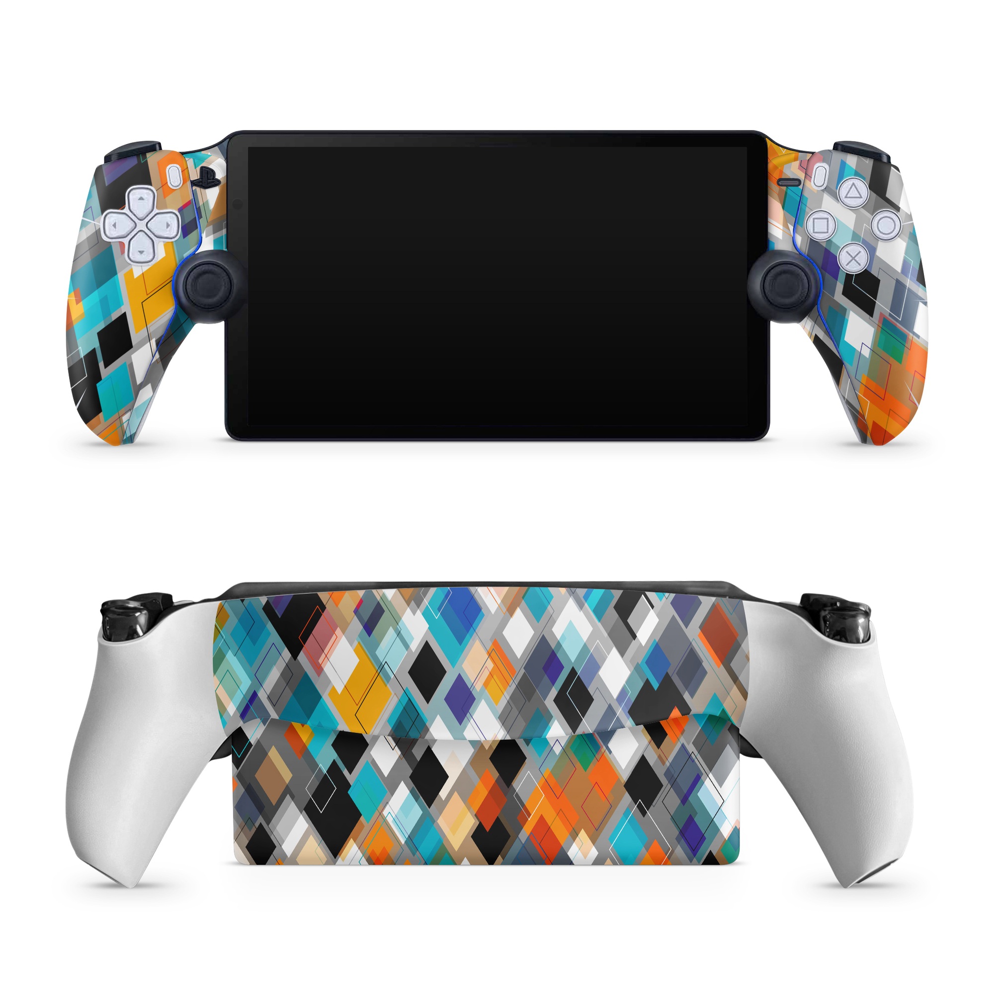 PlayStation Portal Skin design of Pattern, Line, Design, Colorfulness, Plaid, Tints and shades, Textile, Symmetry, Square, with black, blue, red, orange, white colors