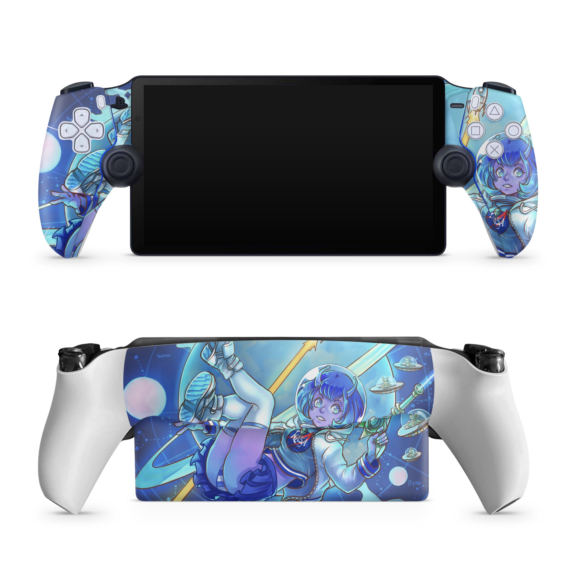 PlayStation Portal Skin design of Cartoon, Illustration, Graphic design, Games, Space, Design, Anime, Art, Graphics, Fictional character, with blue, white, yellow, purple, green, red, orange, black colors