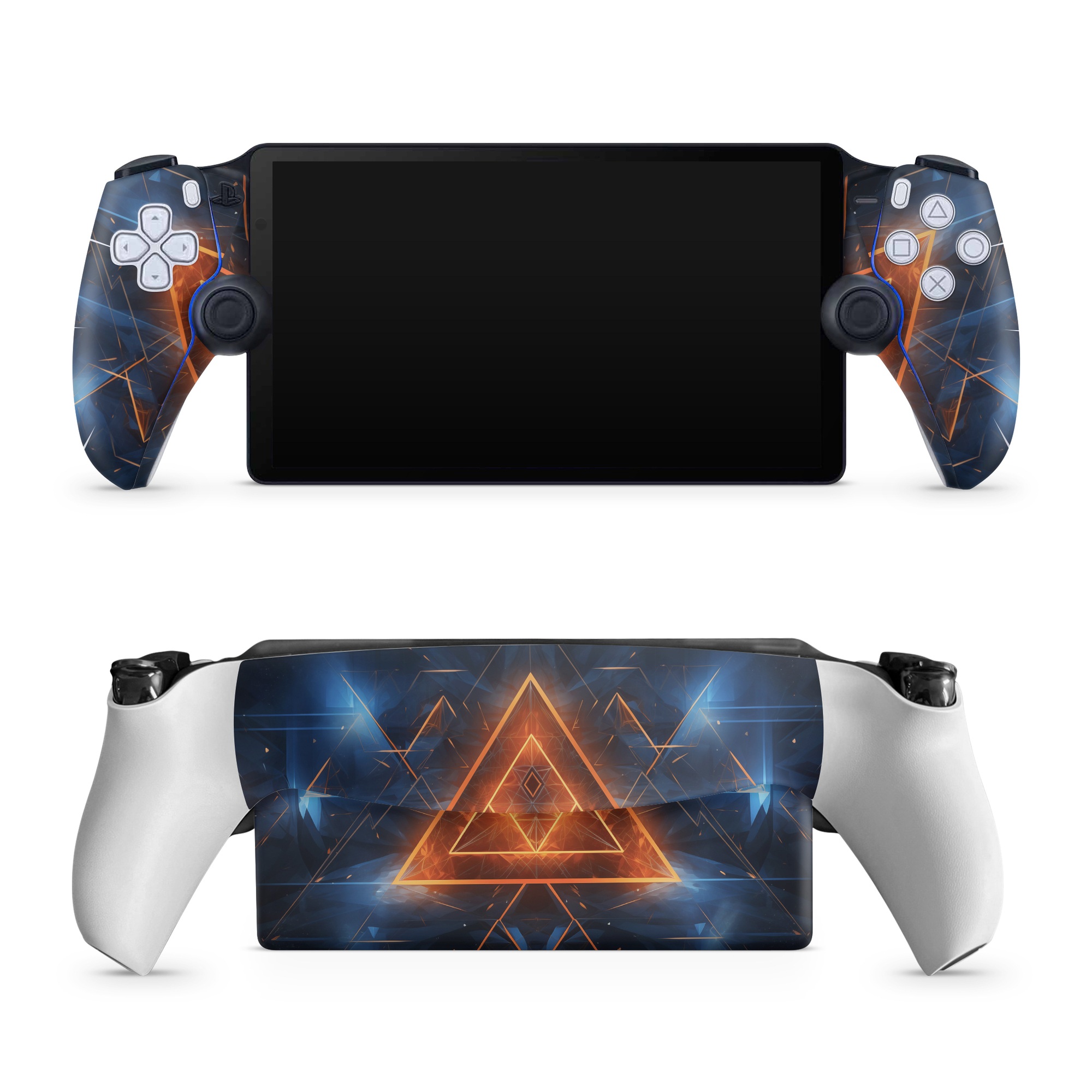 PlayStation Portal Skin design of Sky, Atmosphere, Water, Triangle, Cloud, Electricity, Astronomical object, Tree, Star, Font, with black, white, orange, yellow, red, blue colors
