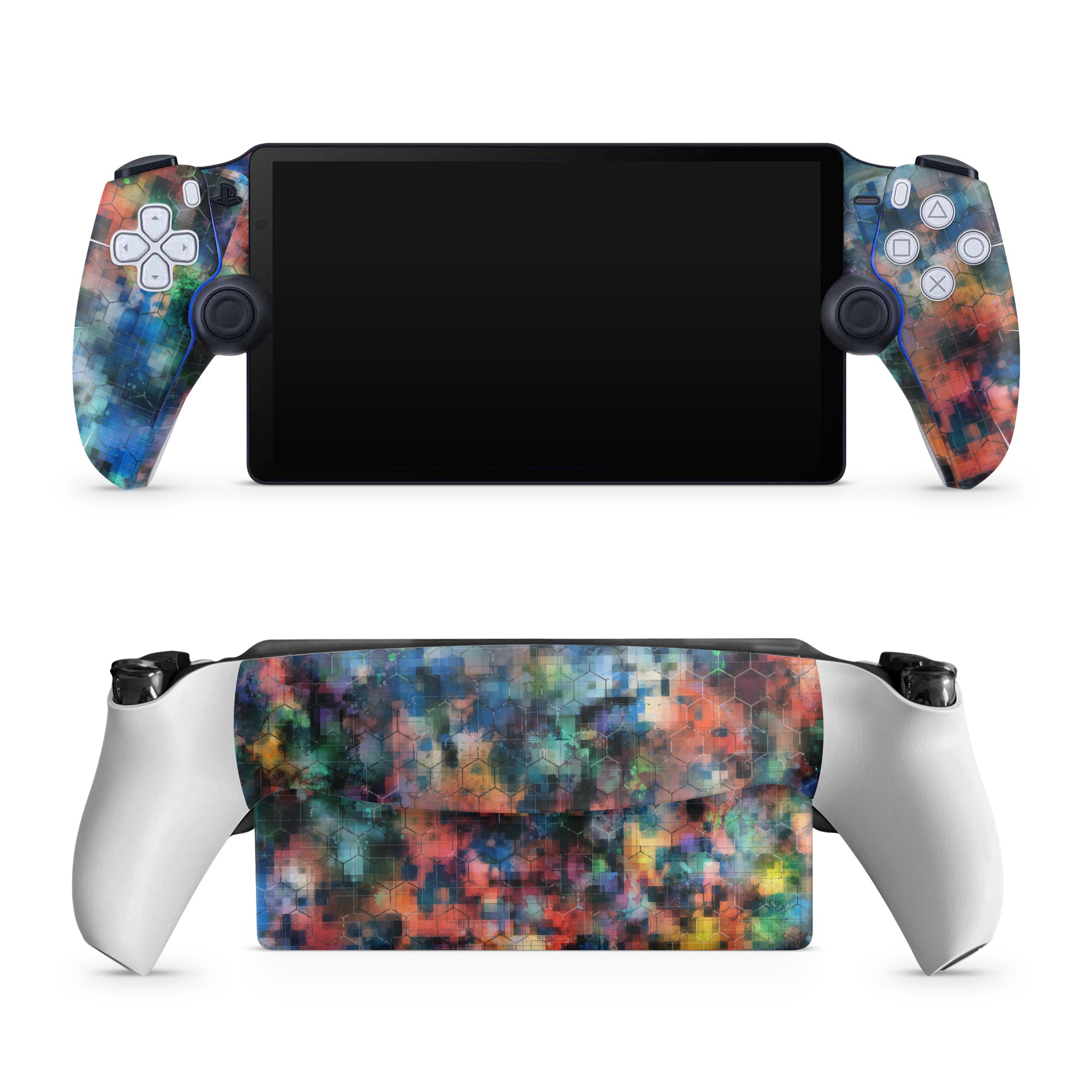 PlayStation Portal Skin design of Blue, Colorfulness, Pattern, Psychedelic art, Art, Sky, Design, Textile, Dye, Modern art, with black, blue, red, gray, green colors