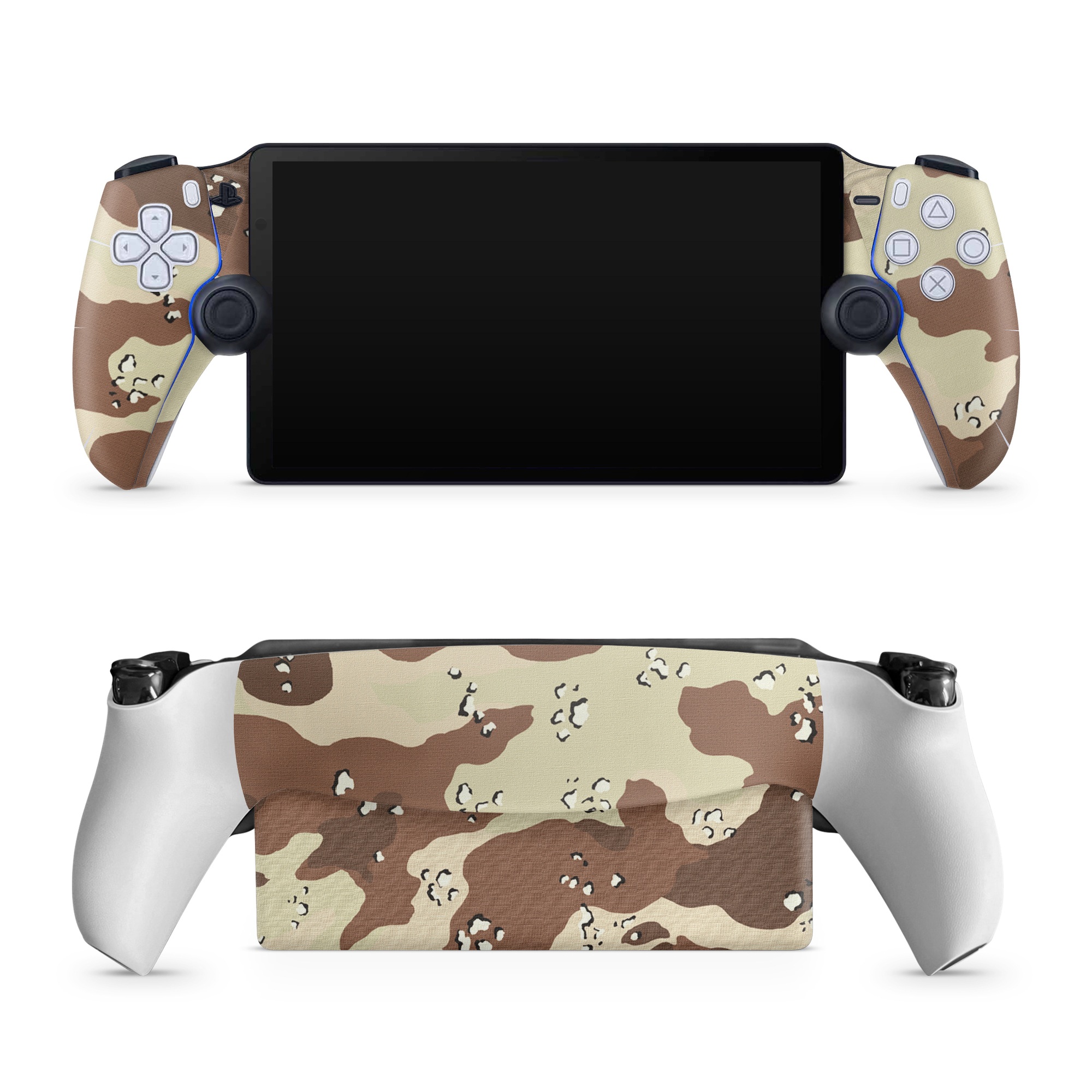 PlayStation Portal Skin design of Military camouflage, Brown, Pattern, Design, Camouflage, Textile, Beige, Illustration, Uniform, Metal, with gray, red, black, green colors