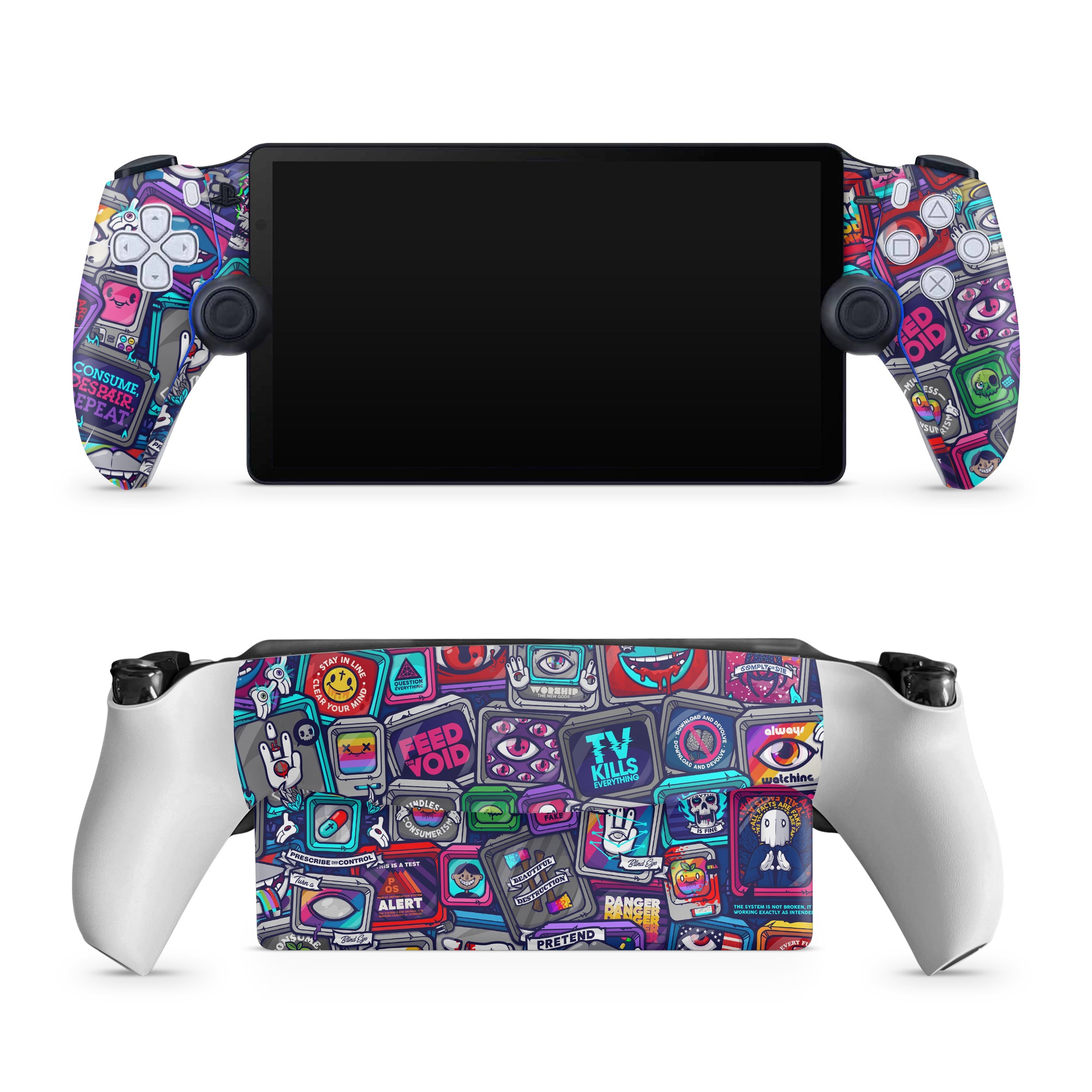 PlayStation Portal Skin design of Pattern, Font, Art, Visual arts, Collection, with red, blue, black, gray, purple, yellow, white, green colors