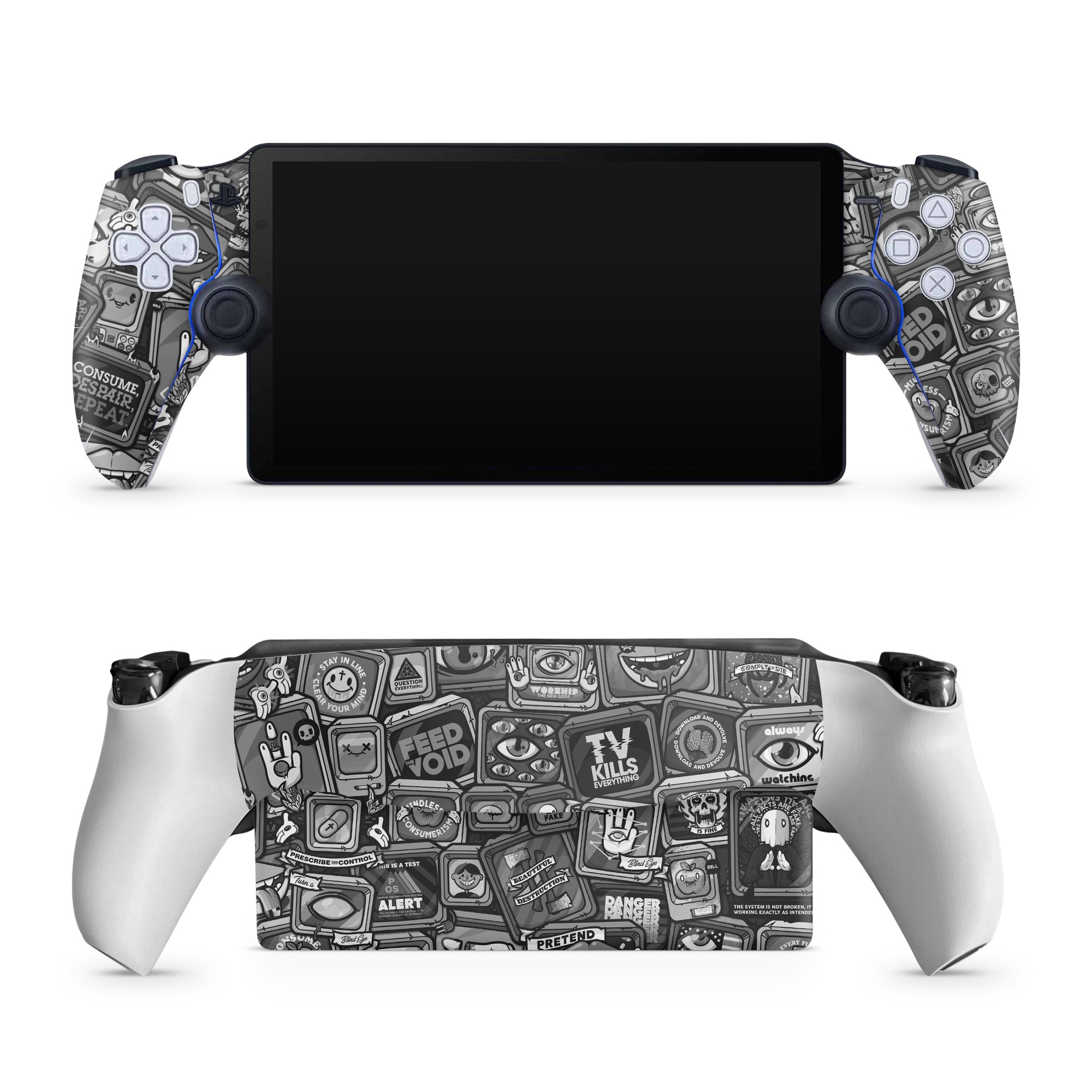PlayStation Portal Skin design of Font, Text, Pattern, Black-and-white, Design, Photography, Stock photography, Illustration, Monochrome, Drawing, with black, white, gray colors