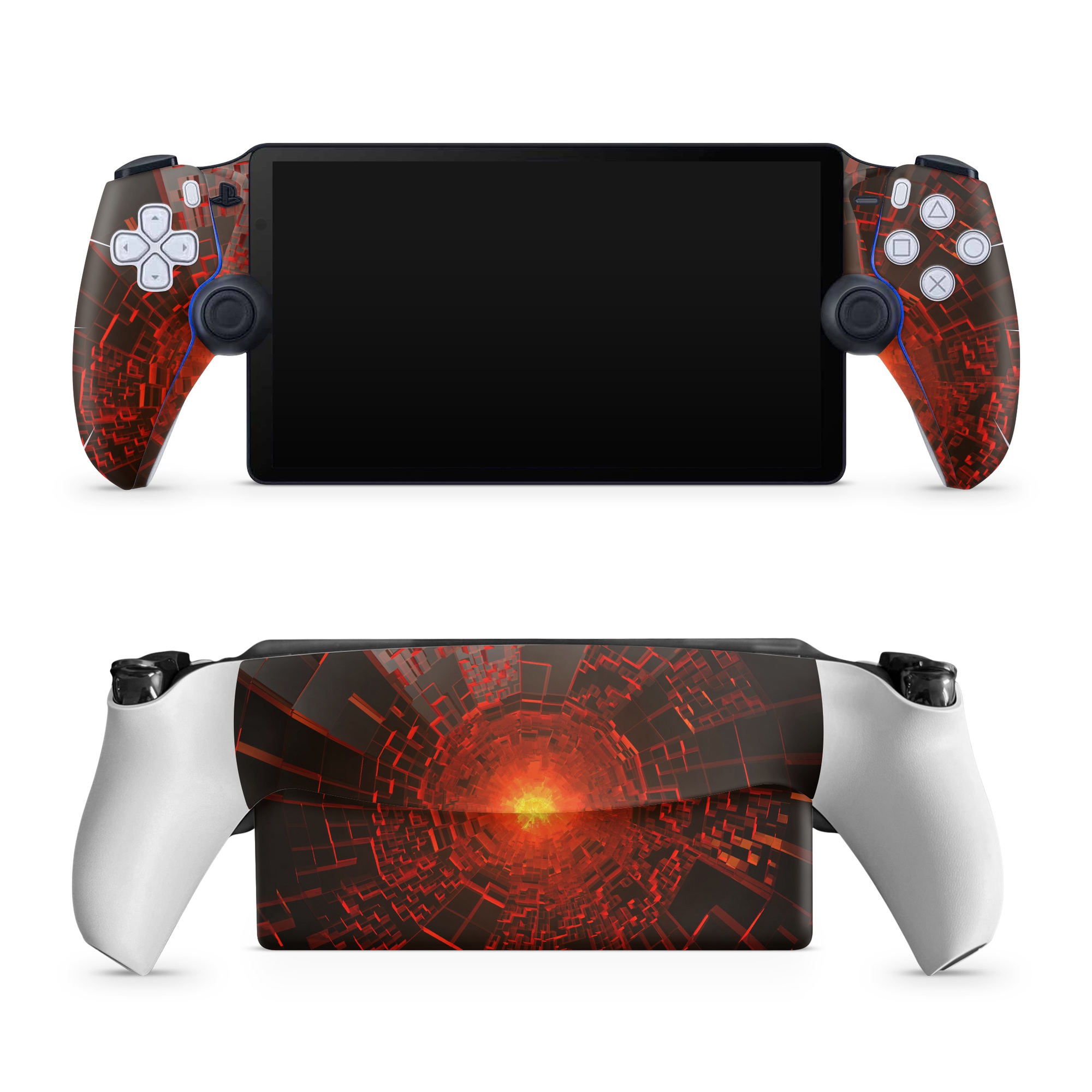 PlayStation Portal Skin design of Red, Fractal art, Light, Circle, Design, Art, Graphics, Symmetry, Pattern, Space, with black, red colors