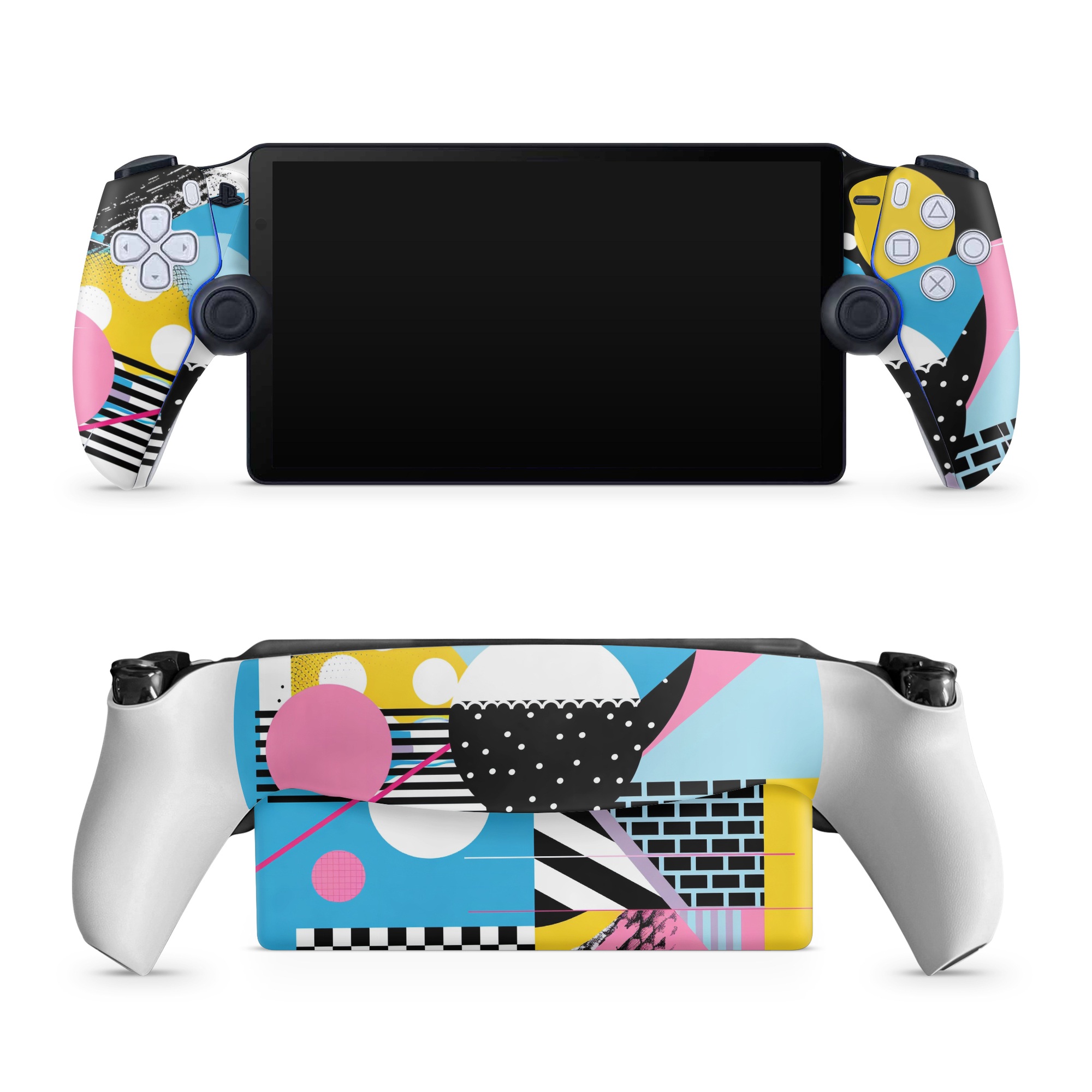 PlayStation Portal Skin design of White, Yellow, Art, Font, Pattern, Circle, Design, Creative arts, Graphics, Electric blue, with blue, pink, white, black, yellow colors