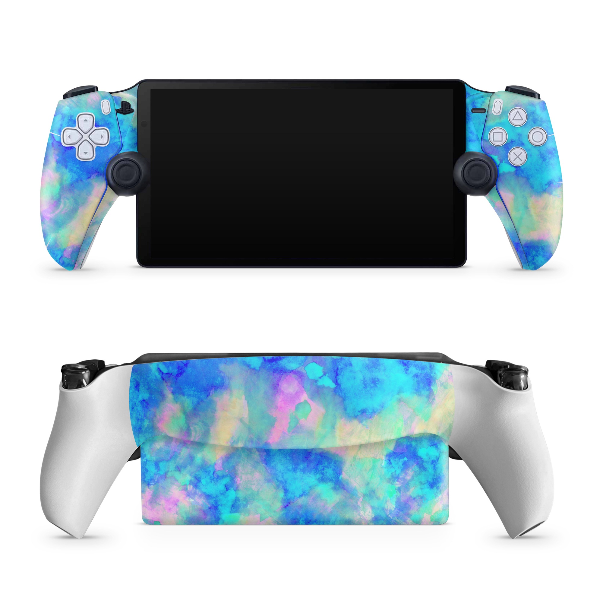 PlayStation Portal Skin design of Blue, Turquoise, Aqua, Pattern, Dye, Design, Sky, Electric blue, Art, Watercolor paint, with blue, purple colors