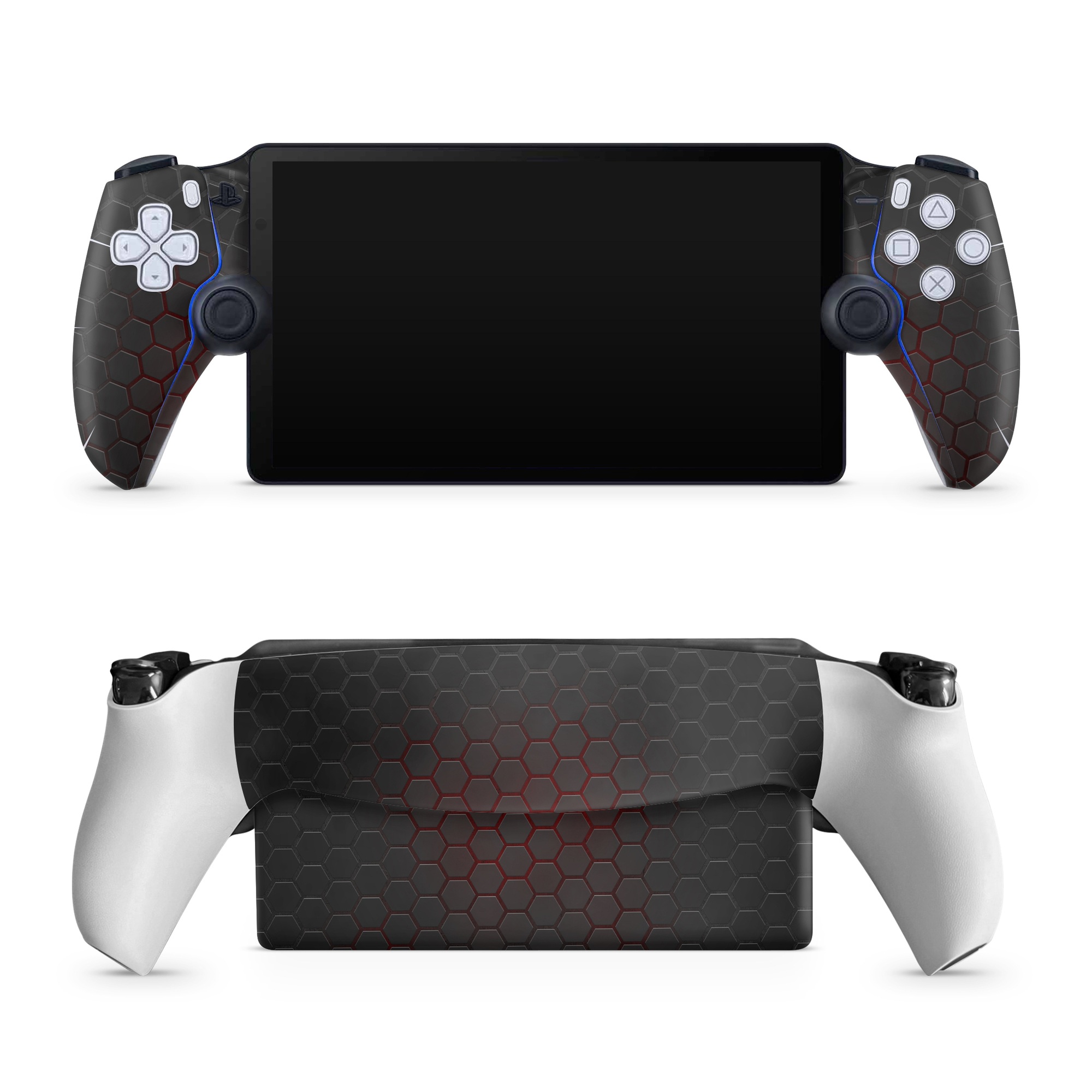 PlayStation Portal Skin design of Black, Pattern, Metal, Design, Mesh, Carbon, Space, Wallpaper, with black, red colors