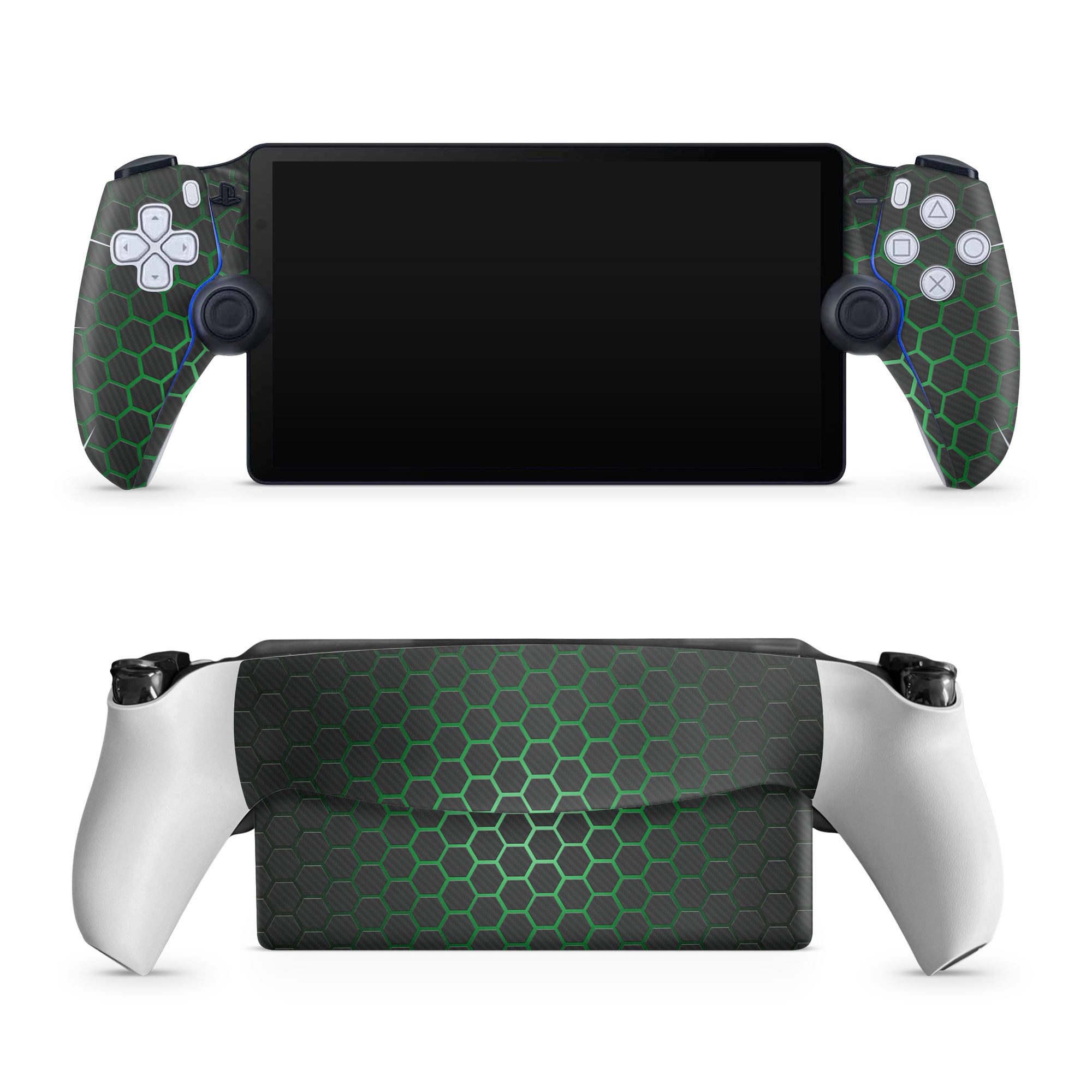 PlayStation Portal Skin design of Pattern, Metal, Design, Carbon, Space, Circle, with black, gray, green colors