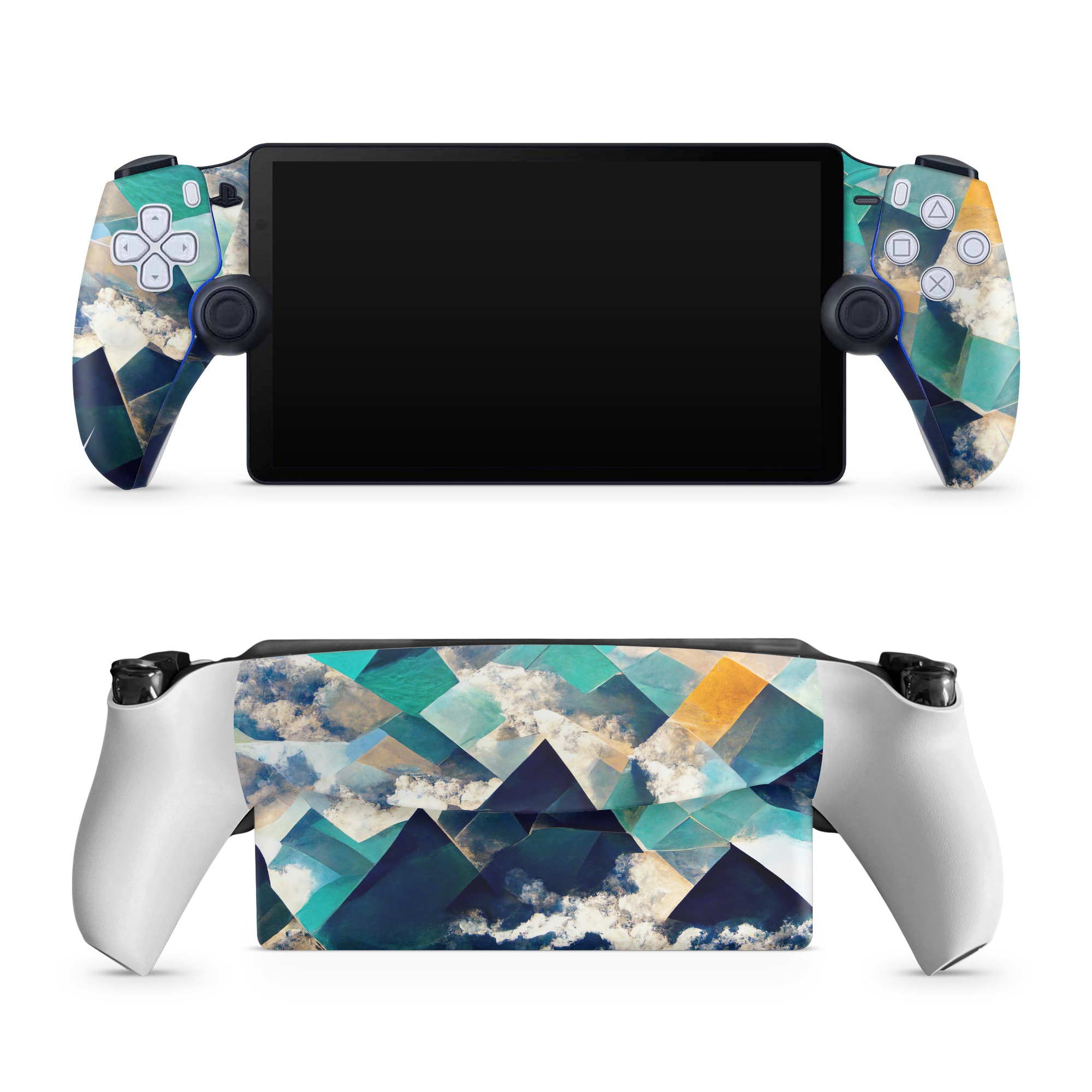 PlayStation Portal Skin design of Daytime, World, Nature, Blue, Azure, Green, Triangle, Rectangle, Architecture, Art, with blue, yellow, white, green colors