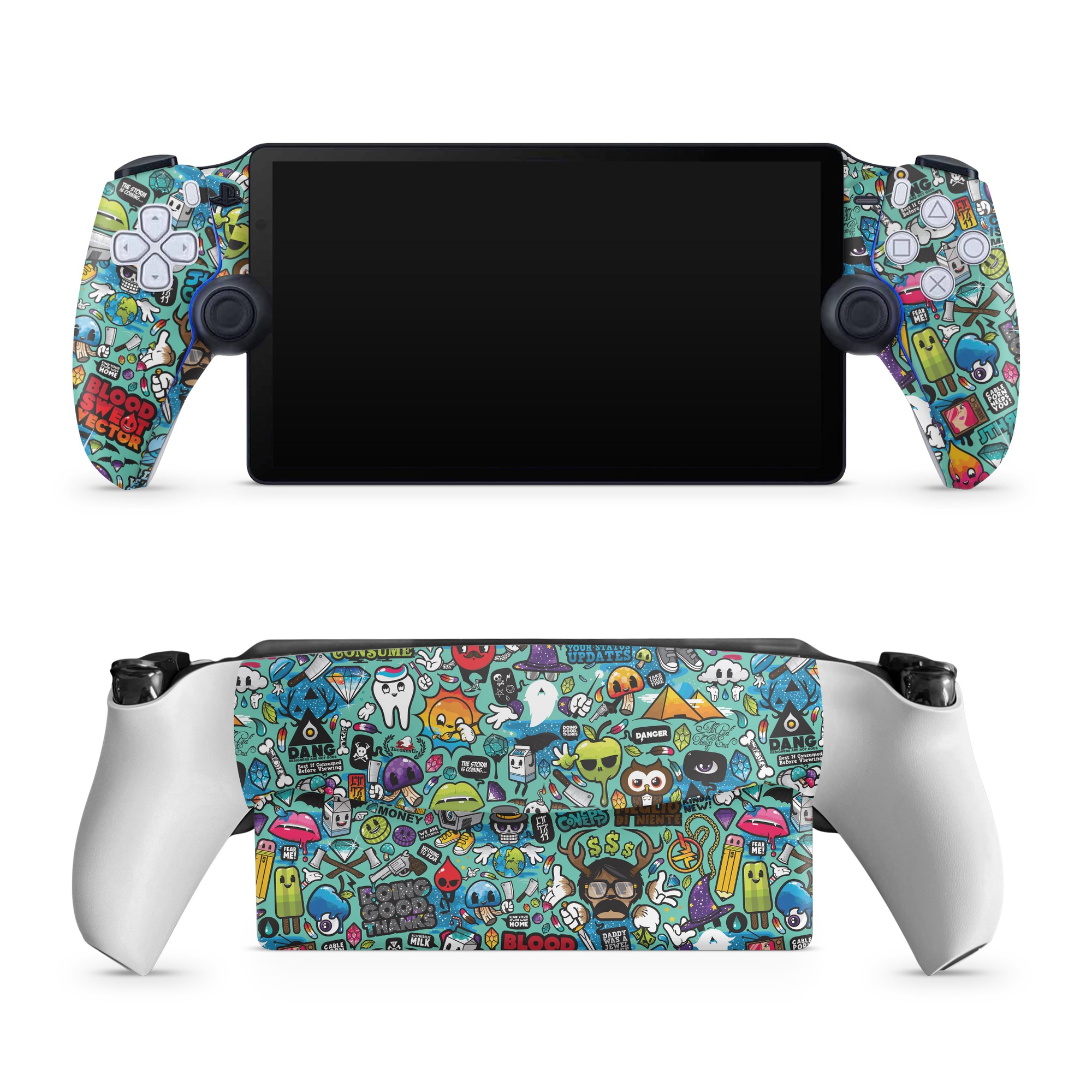 PlayStation Portal Skin design of Cartoon, Art, Pattern, Design, Illustration, Visual arts, Doodle, Psychedelic art, with black, blue, gray, red, green colors