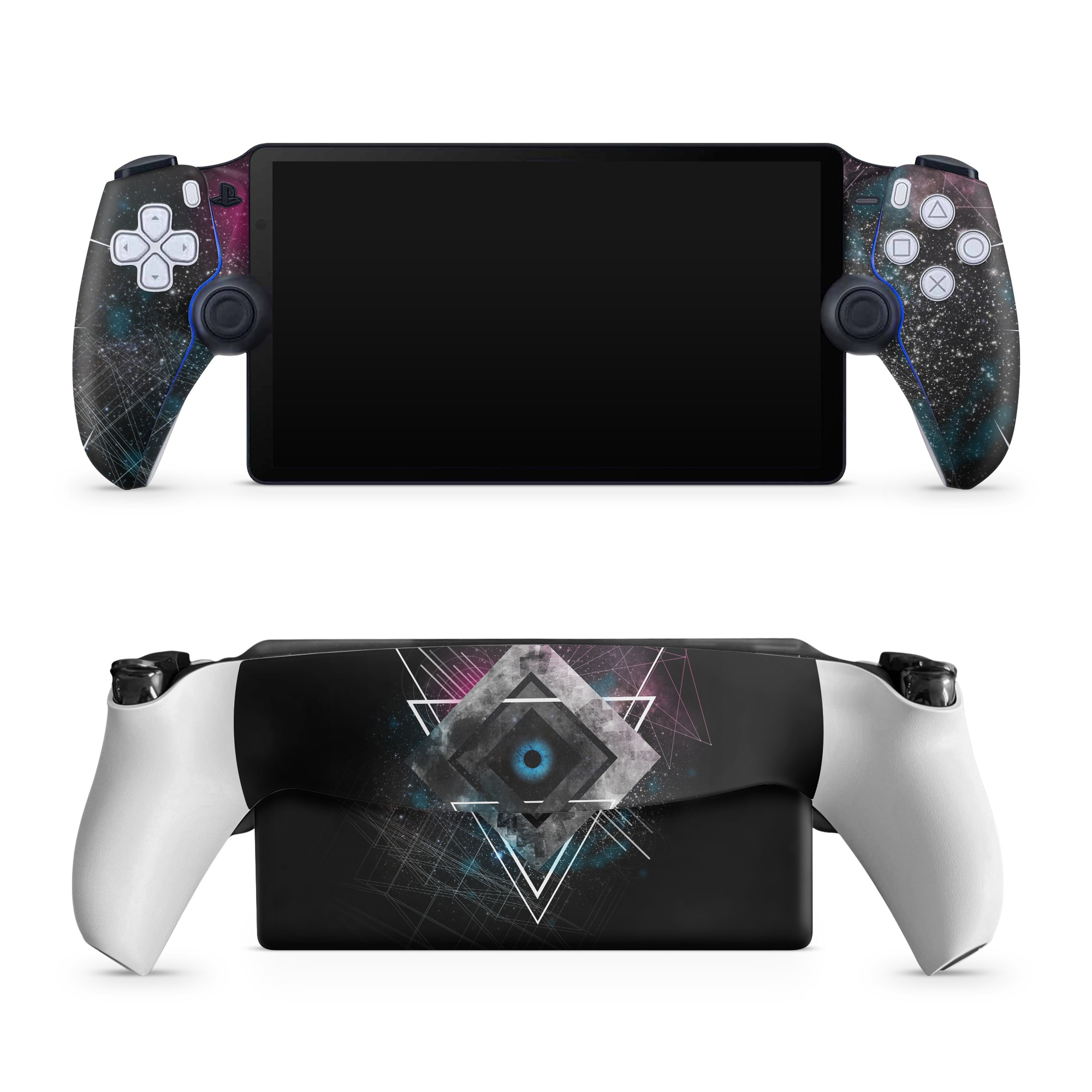 PlayStation Portal Skin design of Graphic design, Design, Pattern, Graphics, Illustration, Font, Circle, Triangle, Fractal art, Logo, with black, gray colors