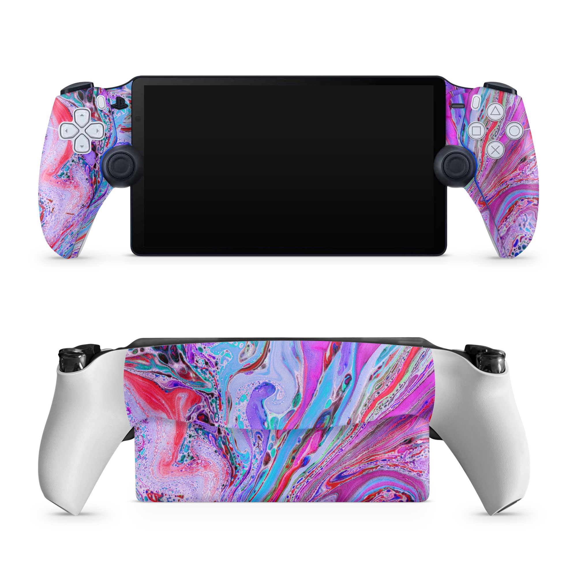 PlayStation Portal Skin design of Pink, Purple, Pattern, Design, Visual arts, Art, Psychedelic art, Magenta, Acrylic paint, Colorfulness, with pink, purple, blue, green colors