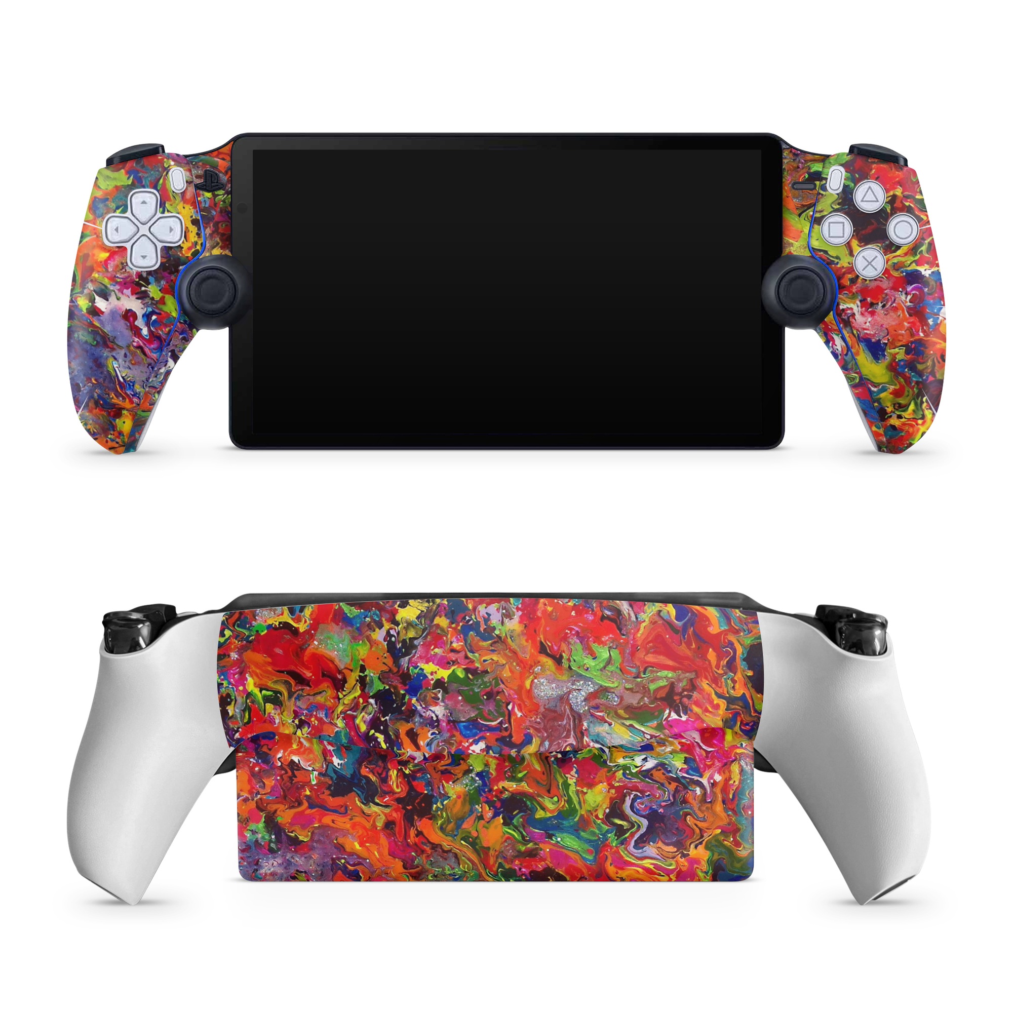 PlayStation Portal Skin design of Colorfulness, Modern art, Acrylic paint, Painting, Visual arts, Art, Psychedelic art, Textile, Pattern, Paint, with red, yellow, green, orange, yellow colors