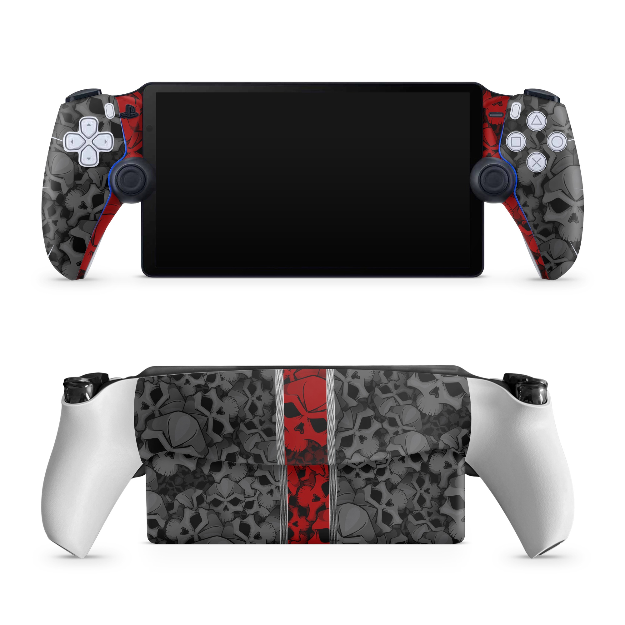 PlayStation Portal Skin design of Font, Text, Pattern, Design, Graphic design, Black-and-white, Monochrome, Graphics, Illustration, Art, with black, red, gray colors