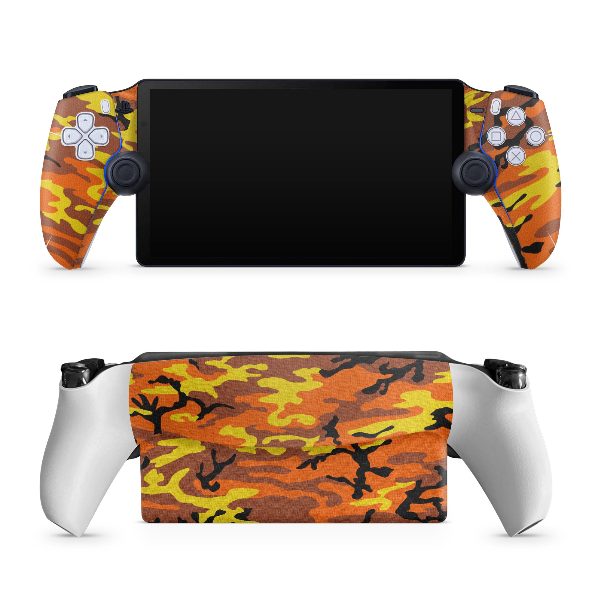 PlayStation Portal Skin design of Military camouflage, Orange, Pattern, Camouflage, Yellow, Brown, Uniform, Design, Tree, Wildlife, with red, green, black colors