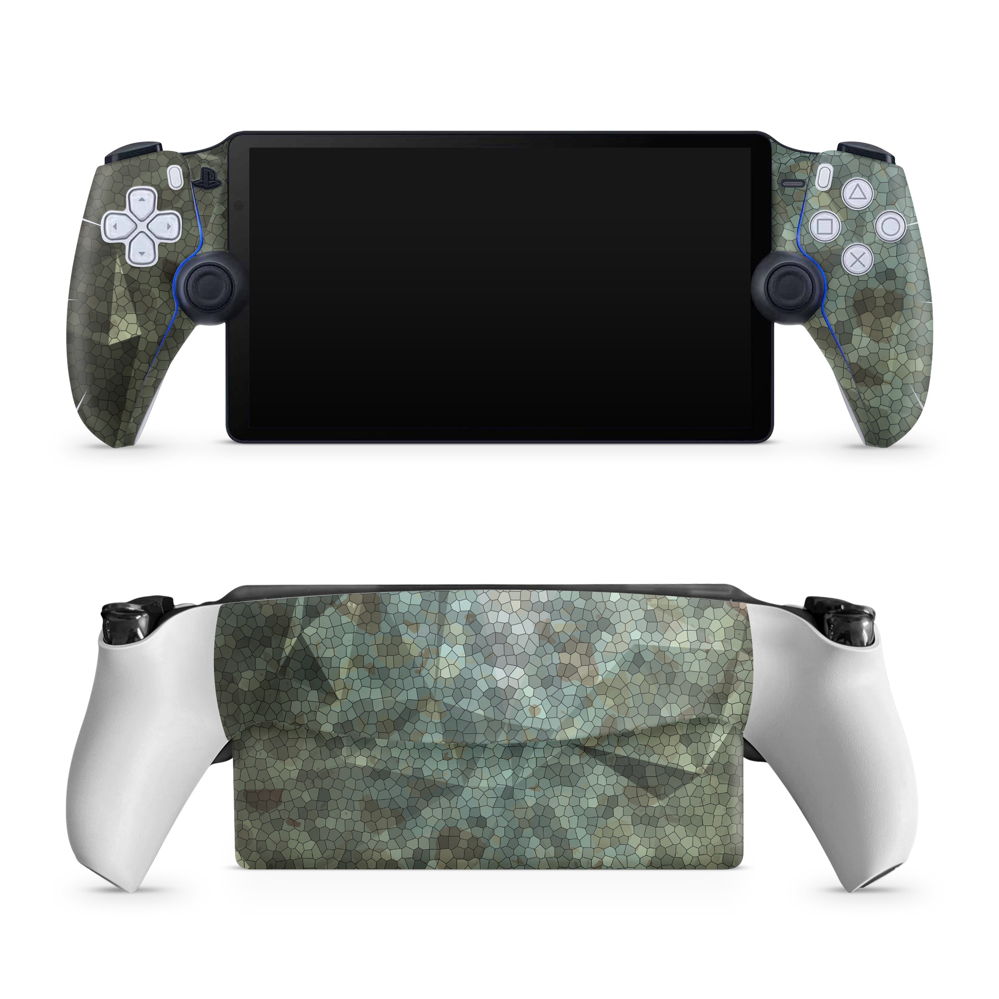 PlayStation Portal Skin design of Green, Pattern, Brown, Wall, Design, Rock, Geology, Camouflage, Granite, Metal, with black, brown, blue, gray, white colors