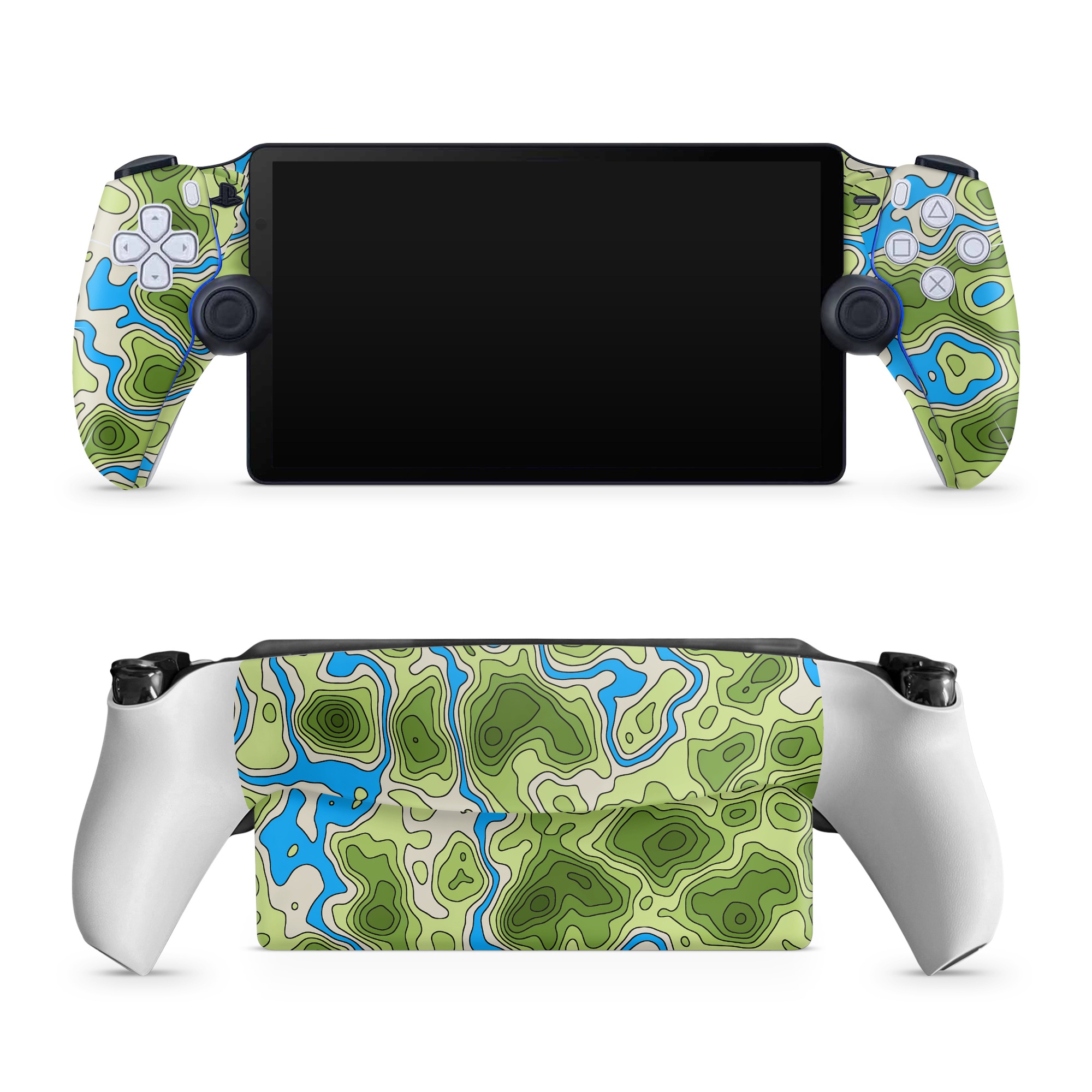 PlayStation Portal Skin design of Botany, Azure, Organism, Vegetation, Aqua, Terrestrial plant, Symmetry, Electric blue, Pattern, Art, with green, blue colors
