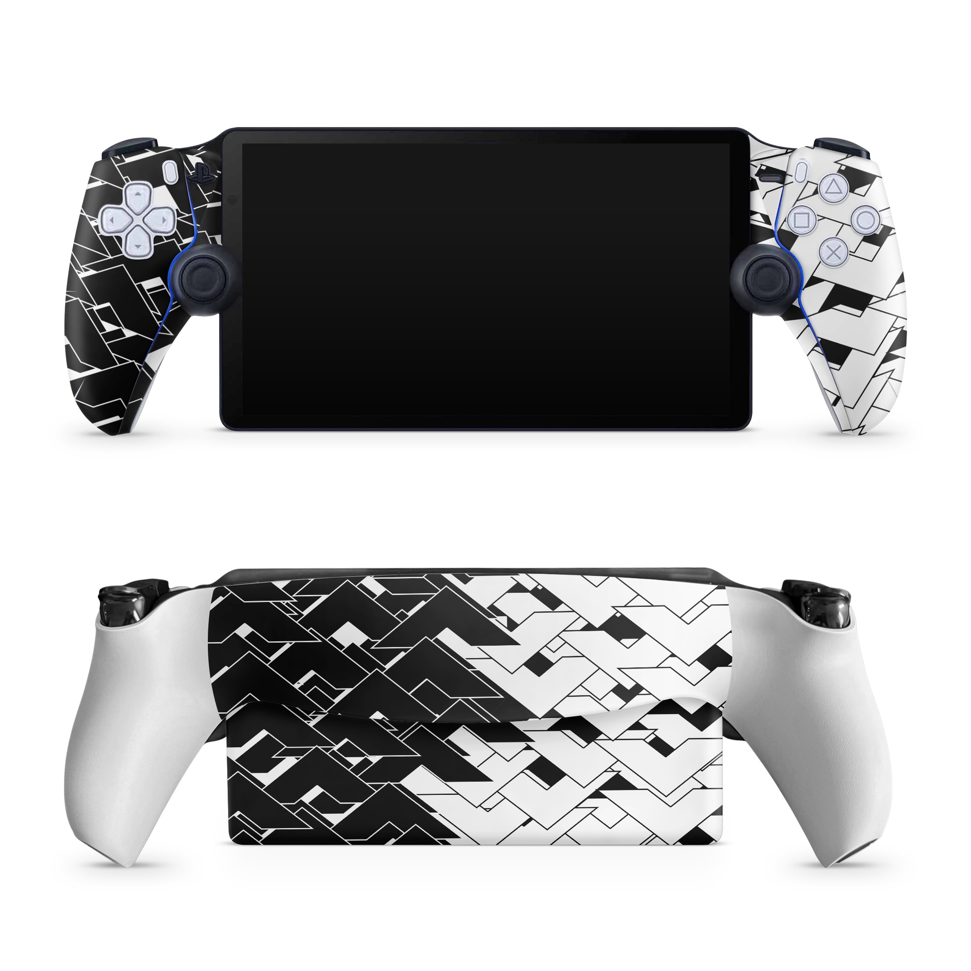 PlayStation Portal Skin design of Pattern, Black, Black-and-white, Monochrome, Monochrome photography, Line, Design, Parallel, Font, with black, white colors