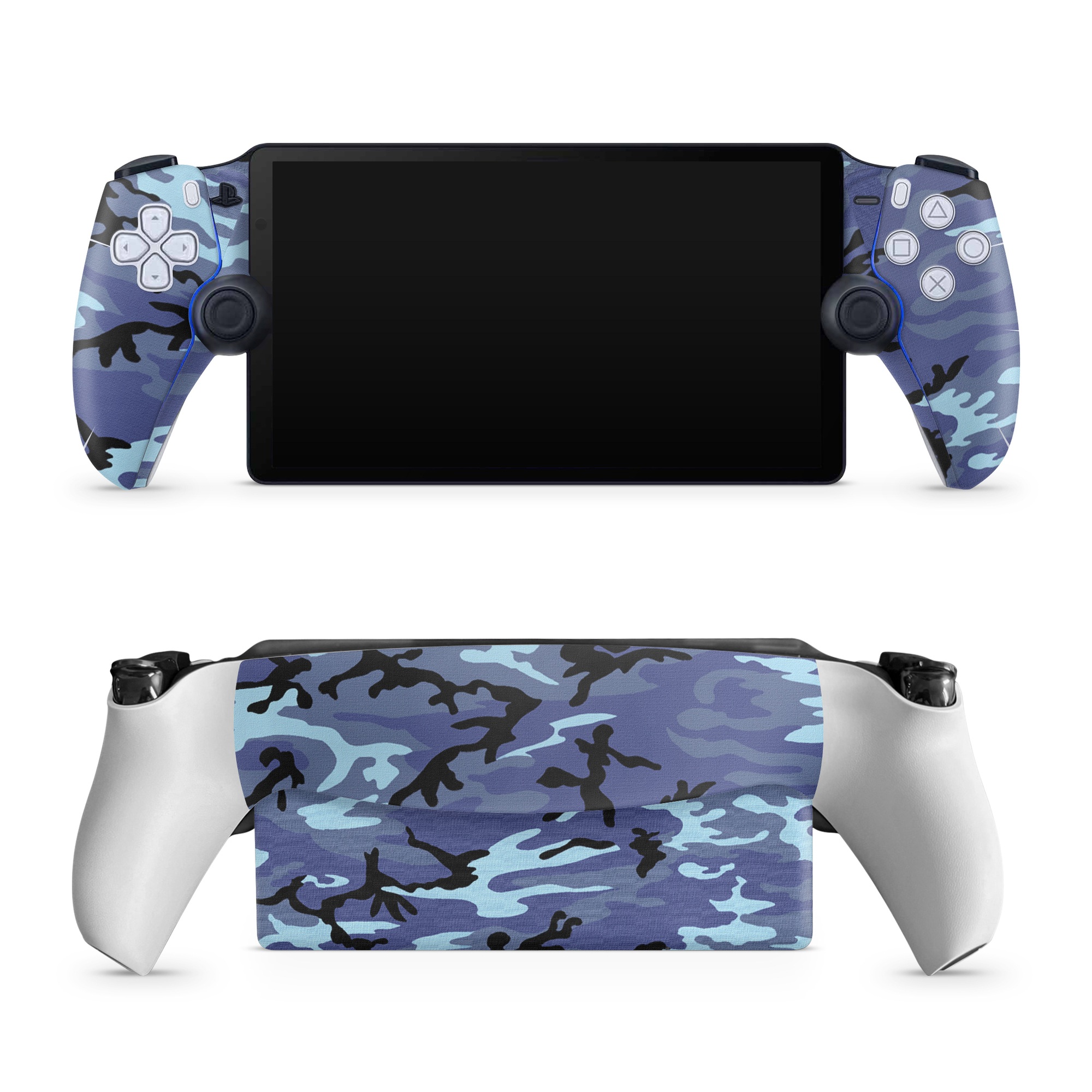 PlayStation Portal Skin design of Military camouflage, Pattern, Blue, Aqua, Teal, Design, Camouflage, Textile, Uniform, with blue, black, gray, purple colors