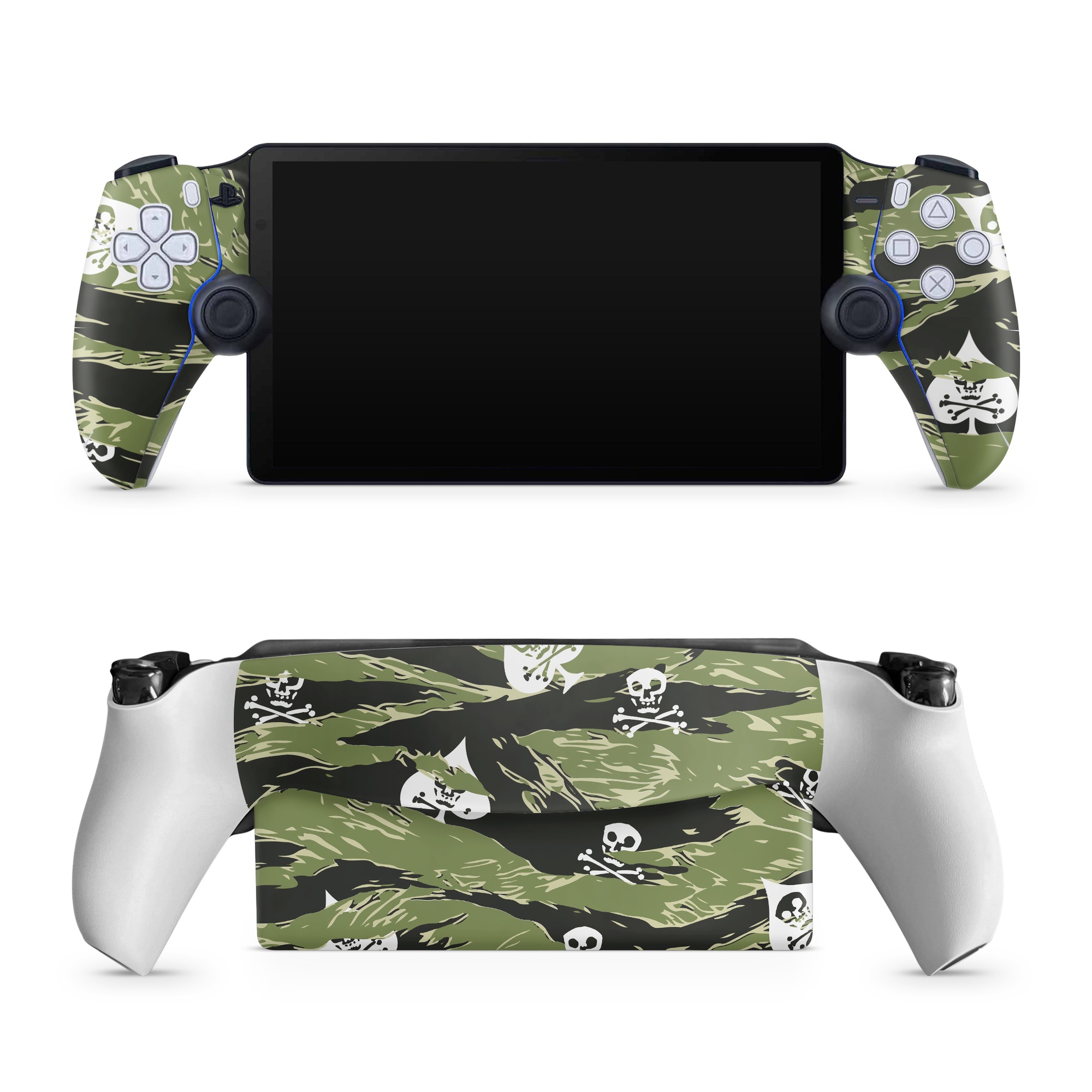 PlayStation Portal Skin design of Military camouflage, Pattern, Leaf, Illustration, Design, Tree, Camouflage, Plant, Art, Branch, with black, white, green colors