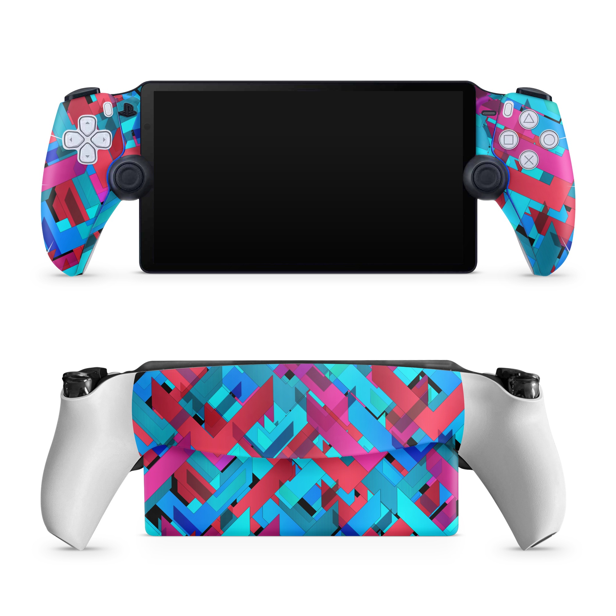 PlayStation Portal Skin design of Pattern, Turquoise, Line, Teal, Magenta, Design, Textile, Symmetry, Colorfulness, with blue, red, purple, black colors