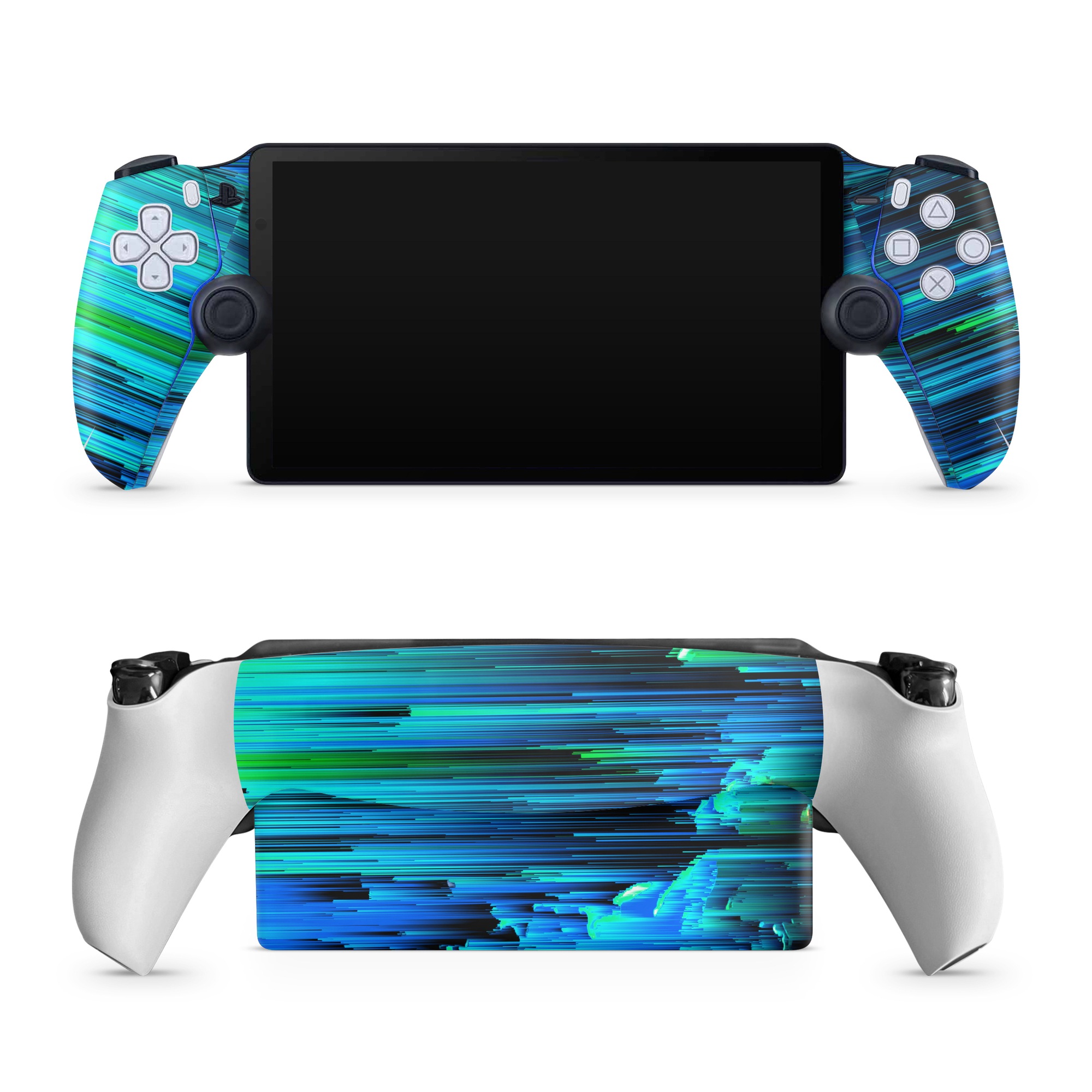 PlayStation Portal Skin design of Blue, Green, Turquoise, Light, Colorfulness, Electric blue, with blue, green, black, white colors