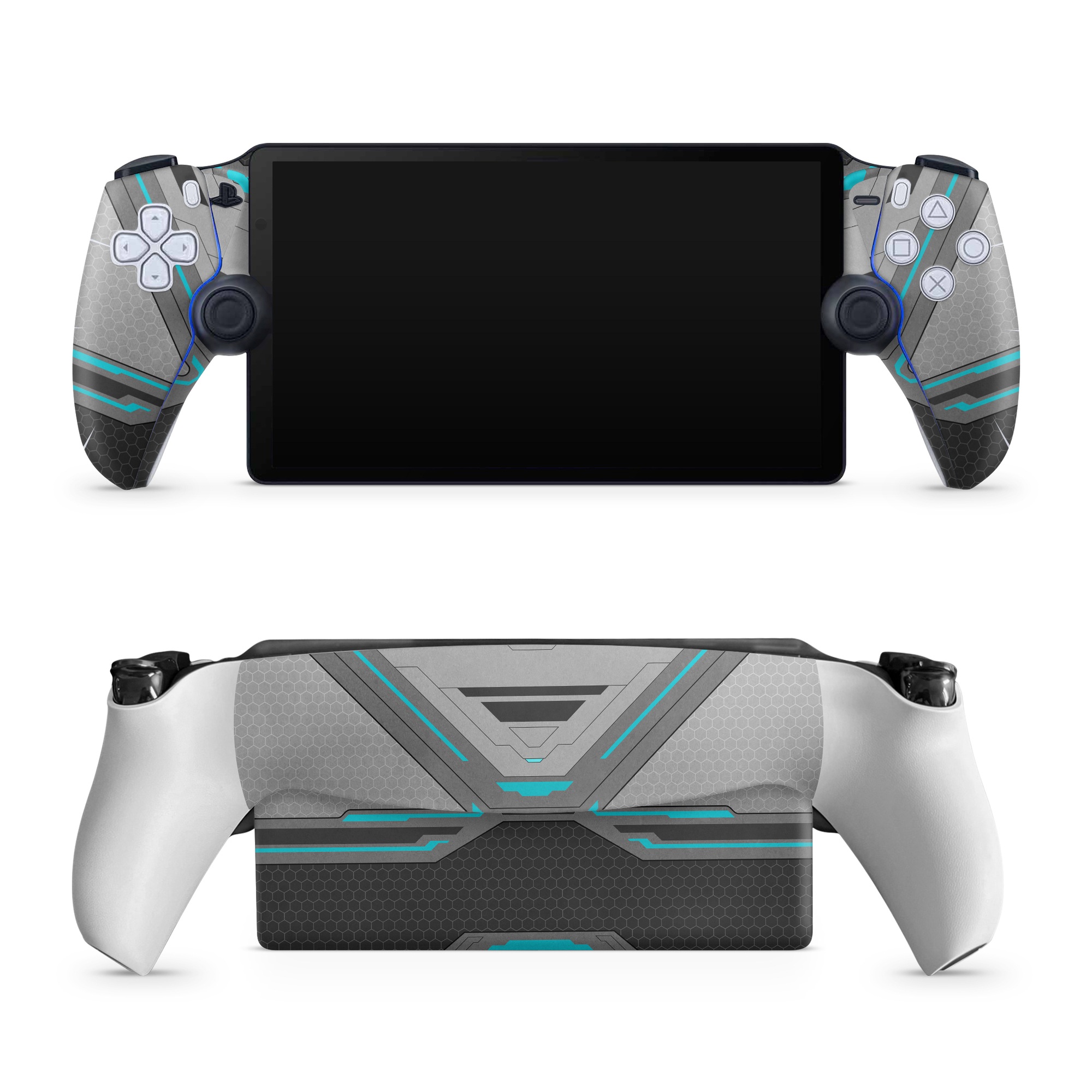 PlayStation Portal Skin design of Blue, Turquoise, Pattern, Teal, Symmetry, Design, Line, Automotive design, Font, with black, gray, blue colors
