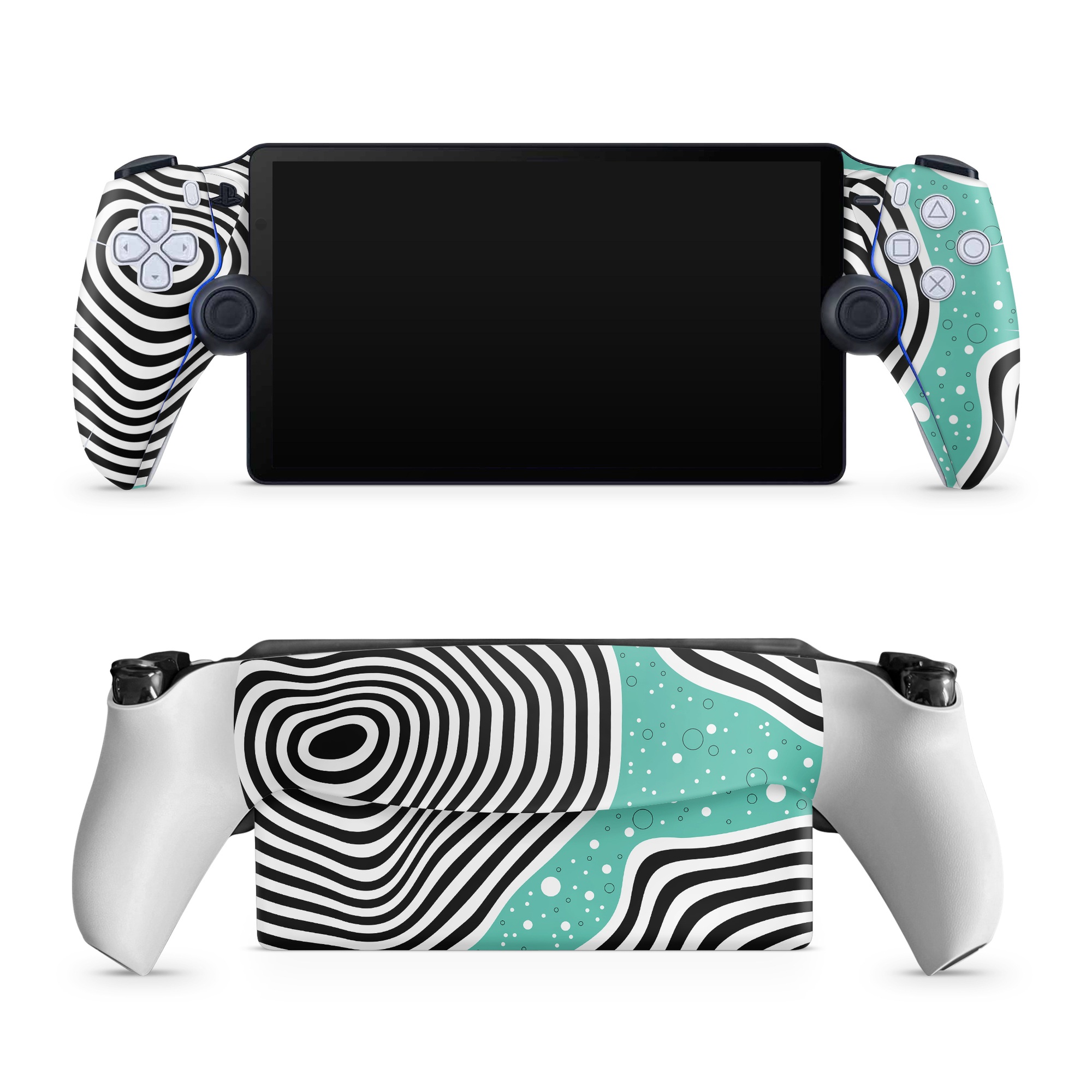 PlayStation Portal Skin design of White, Rectangle, Art, Line, Aqua, Pattern, Electric blue, Visual arts, Font, Graphics, with white, black, blue, green colors