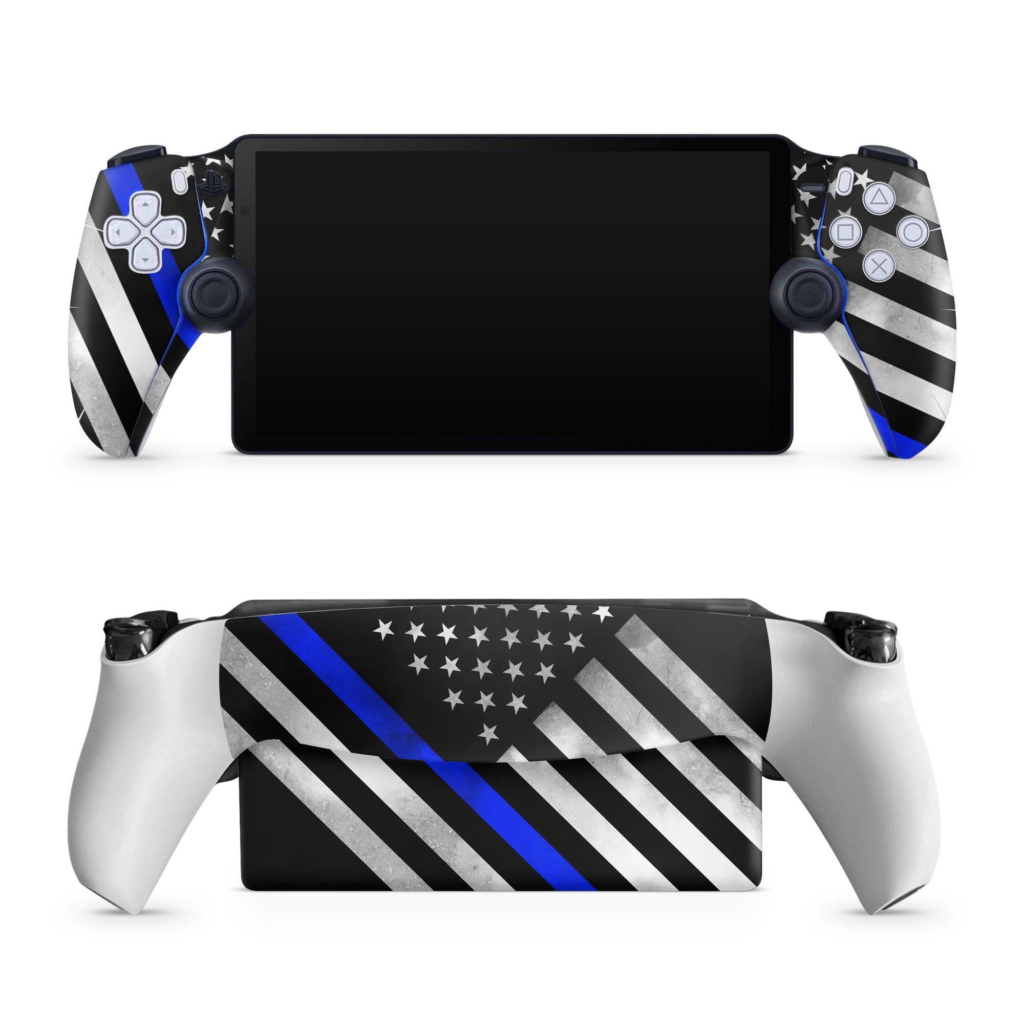 PlayStation Portal Skin design of Flag of the united states, Flag, Cobalt blue, Pattern, Line, Black-and-white, Design, Monochrome, Electric blue, Parallel, with black, white, gray, blue colors