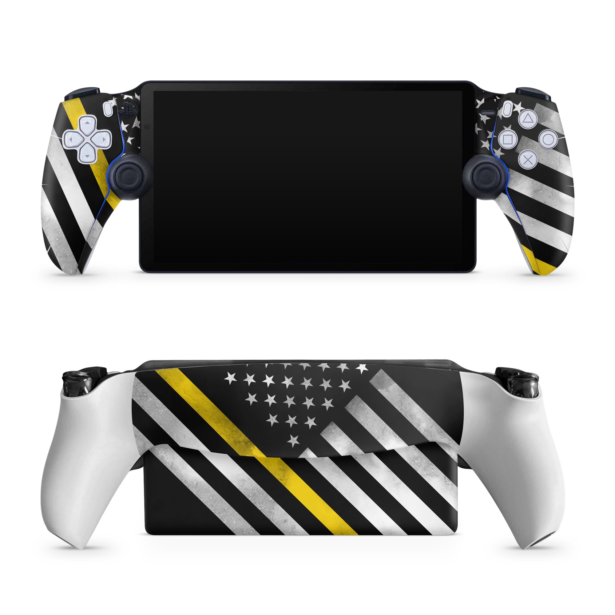 PlayStation Portal Skin design of Flag of the united states, Flag, Yellow, Line, Black-and-white, Pattern, Monochrome, Graphic design, Parallel, with black, white, gray, yellow colors