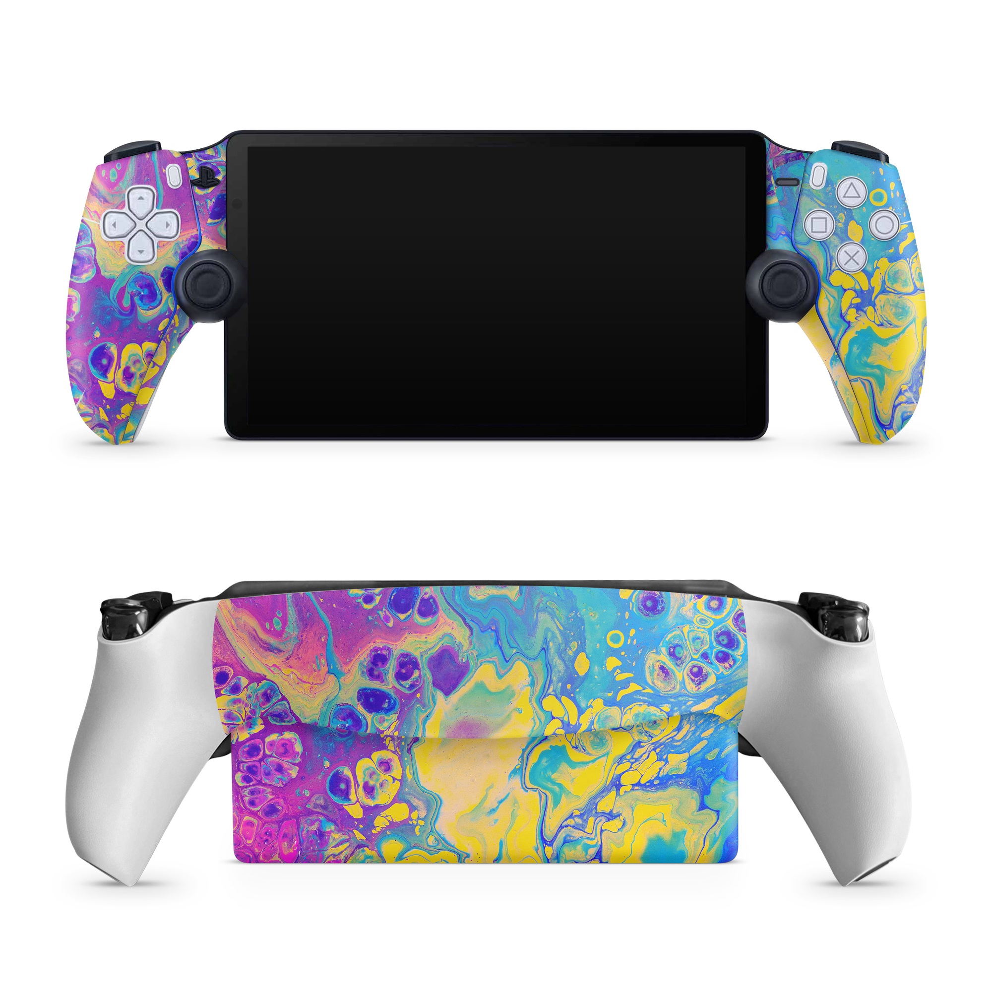 PlayStation Portal Skin design of Psychedelic art, Pattern, Purple, Visual arts, Design, Art, Fractal art, Electric blue, Graphic design, Graphics, with blue, yellow, purple, pink colors