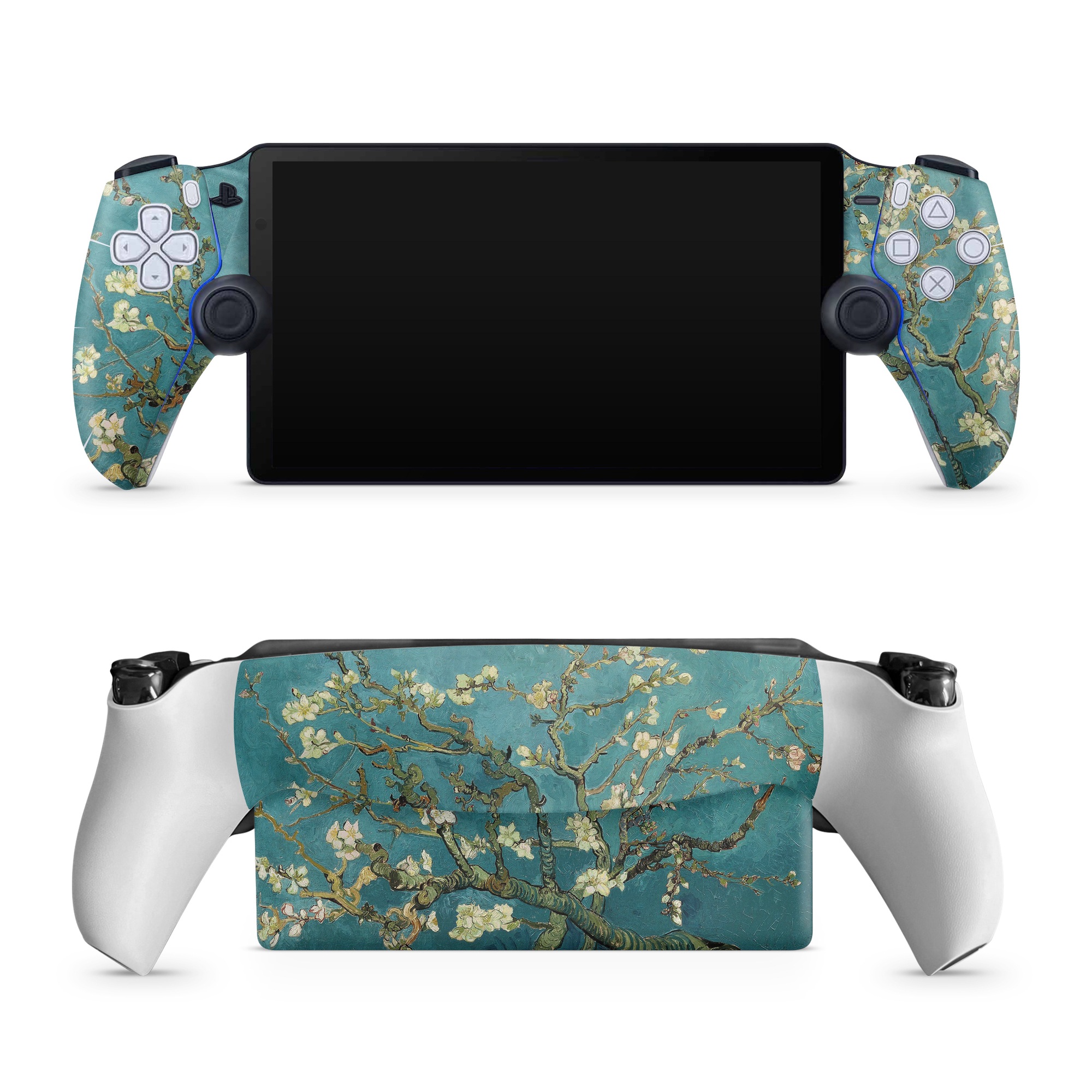 PlayStation Portal Skin design of Tree, Branch, Plant, Flower, Blossom, Spring, Woody plant, Perennial plant, with blue, black, gray, green colors