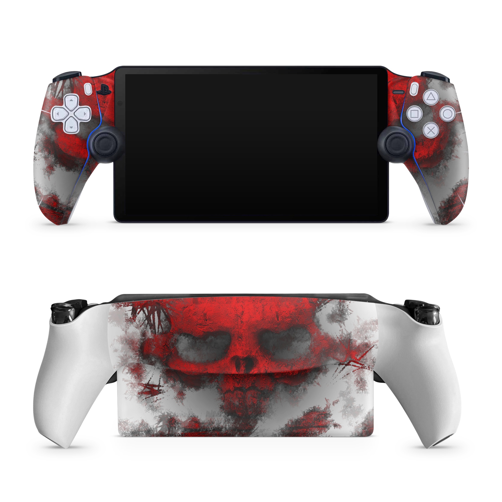 PlayStation Portal Skin design of Red, Graphic design, Skull, Illustration, Bone, Graphics, Art, Fictional character, with red, gray, black, white colors