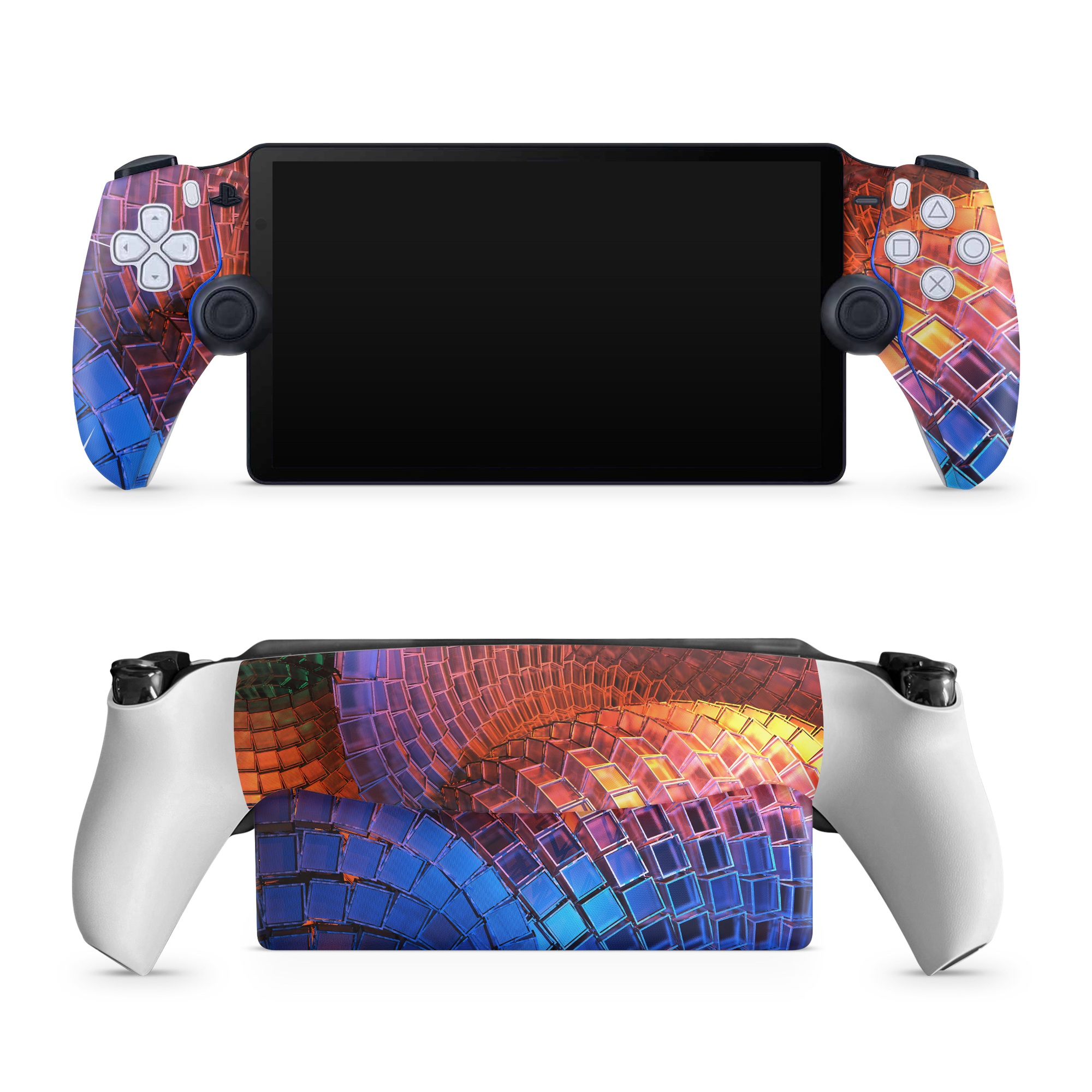 PlayStation Portal Skin design of Blue, Red, Orange, Light, Pattern, Architecture, Design, Fractal art, Colorfulness, Psychedelic art, with black, red, blue, purple, gray colors