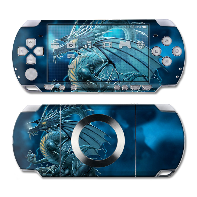 PSP 2nd Gen Slim & Lite Skin design of Cg artwork, Dragon, Mythology, Fictional character, Illustration, Mythical creature, Art, Demon, with blue, yellow colors