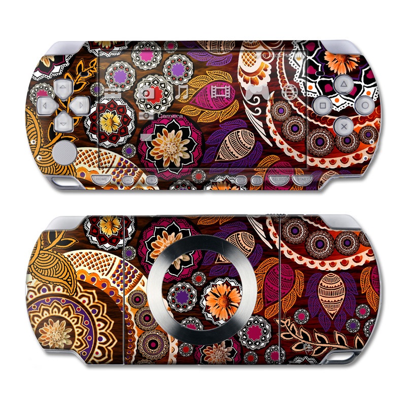 PSP 2nd Gen Slim & Lite Skin design of Pattern, Motif, Visual arts, Design, Art, Floral design, Textile, Paisley, Tapestry, Circle, with brown, purple, red, white, black colors