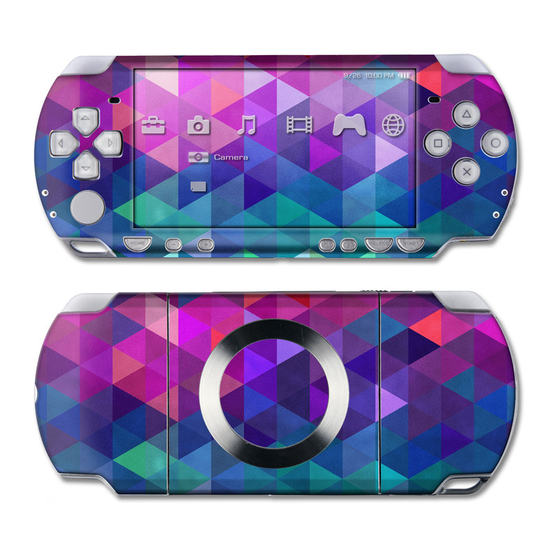 PSP 2nd Gen Slim & Lite Skin design of Purple, Violet, Pattern, Blue, Magenta, Triangle, Line, Design, Graphic design, Symmetry, with blue, purple, green, red, pink colors