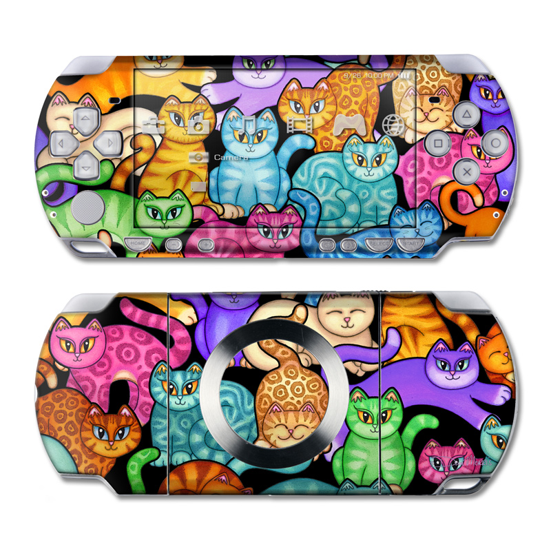 PSP 2nd Gen Slim & Lite Skin design of Cat, Cartoon, Felidae, Organism, Small to medium-sized cats, Illustration, Animated cartoon, Wildlife, Kitten, Art, with black, blue, red, purple, green, brown colors