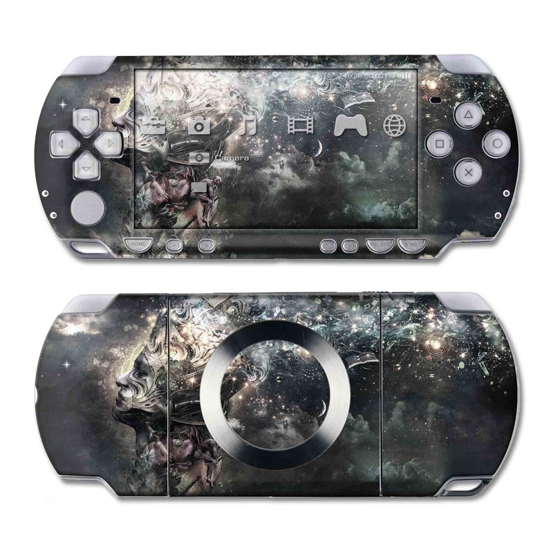 PSP 2nd Gen Slim & Lite Skin design of Space, Cg artwork, Art, Sky, Darkness, Illustration, Graphic design, Outer space, Graphics, Animation, with white, black, gray, yellow colors