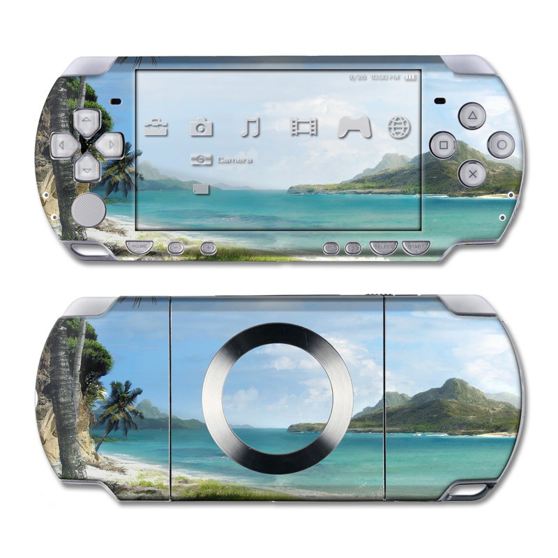 PSP 2nd Gen Slim & Lite Skin design of Body of water, Tropics, Nature, Natural landscape, Shore, Coast, Caribbean, Sea, Tree, Beach, with gray, black, blue, green colors