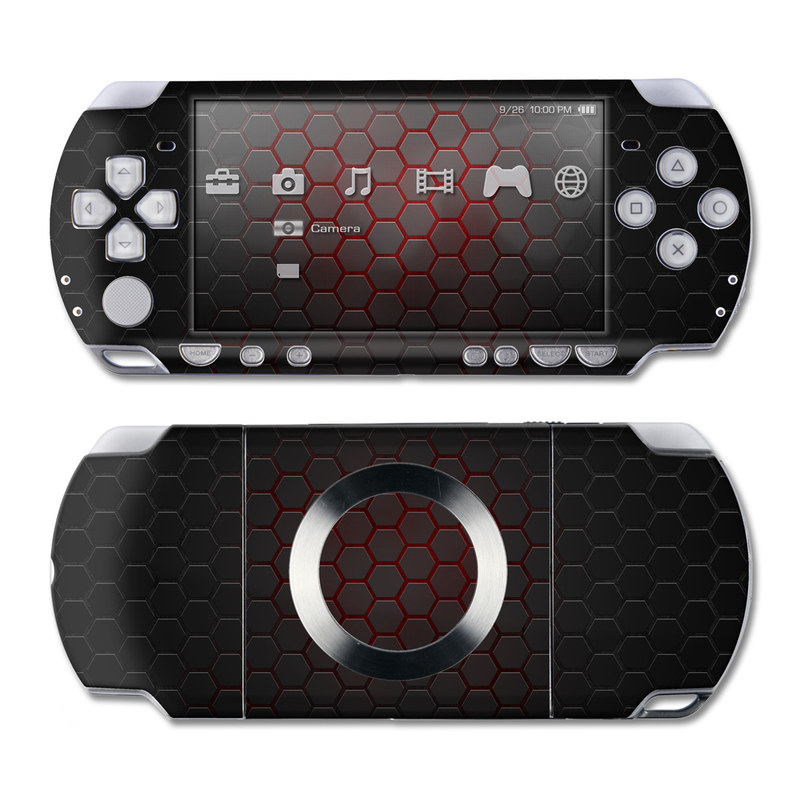 PSP 2nd Gen Slim & Lite Skin design of Black, Pattern, Metal, Design, Mesh, Carbon, Space, Wallpaper, with black, red colors