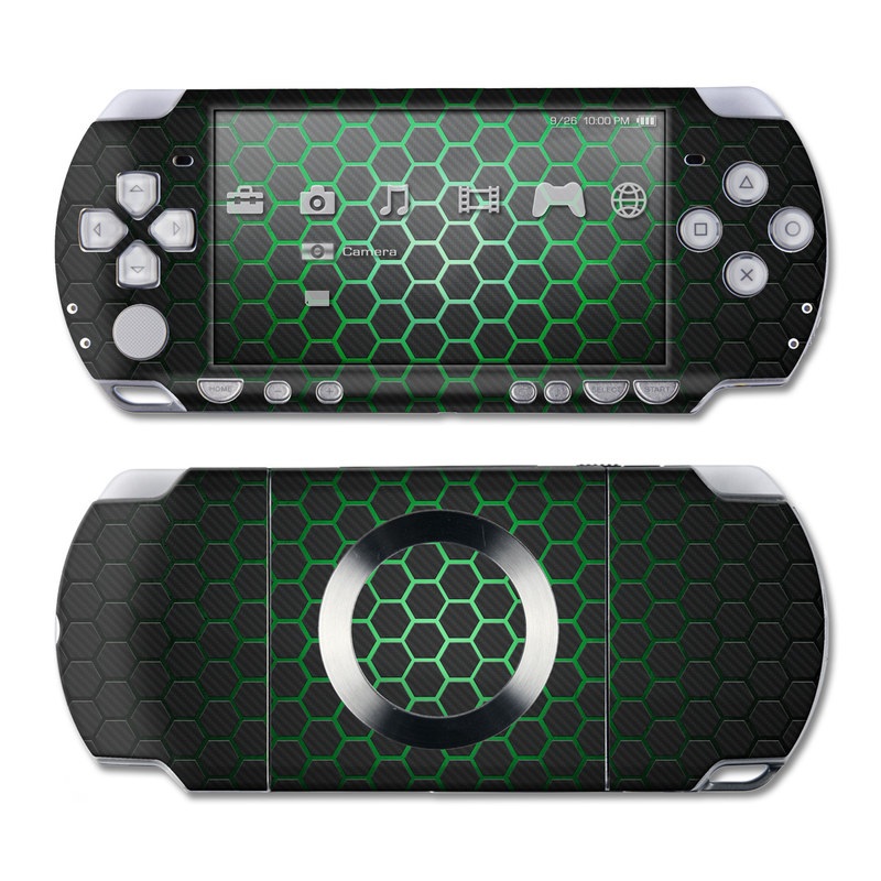 PSP 2nd Gen Slim & Lite Skin design of Pattern, Metal, Design, Carbon, Space, Circle, with black, gray, green colors