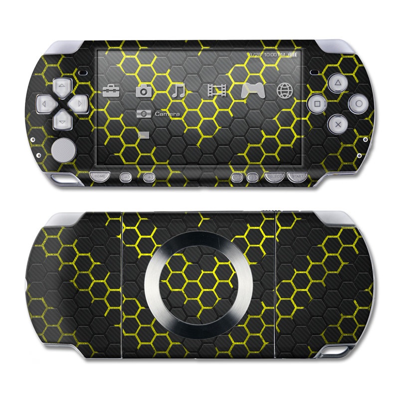 PSP 2nd Gen Slim & Lite Skin design of Black, Pattern, Yellow, Mesh, Net, Chain-link fencing, Design, Metal, with black, gray, yellow colors