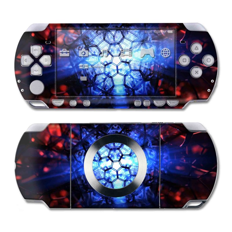 PSP 2nd Gen Slim & Lite Skin design of Blue, Fractal art, Red, Light, Pattern, Lighting, Art, Kaleidoscope, Design, Psychedelic art, with black, blue, red colors
