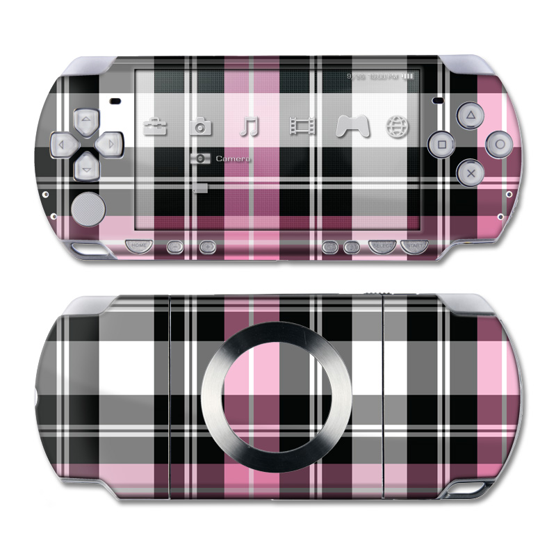 PSP 2nd Gen Slim & Lite Skin design of Plaid, Tartan, Pattern, Pink, Purple, Violet, Line, Textile, Magenta, Design, with black, gray, pink, red, white, purple colors