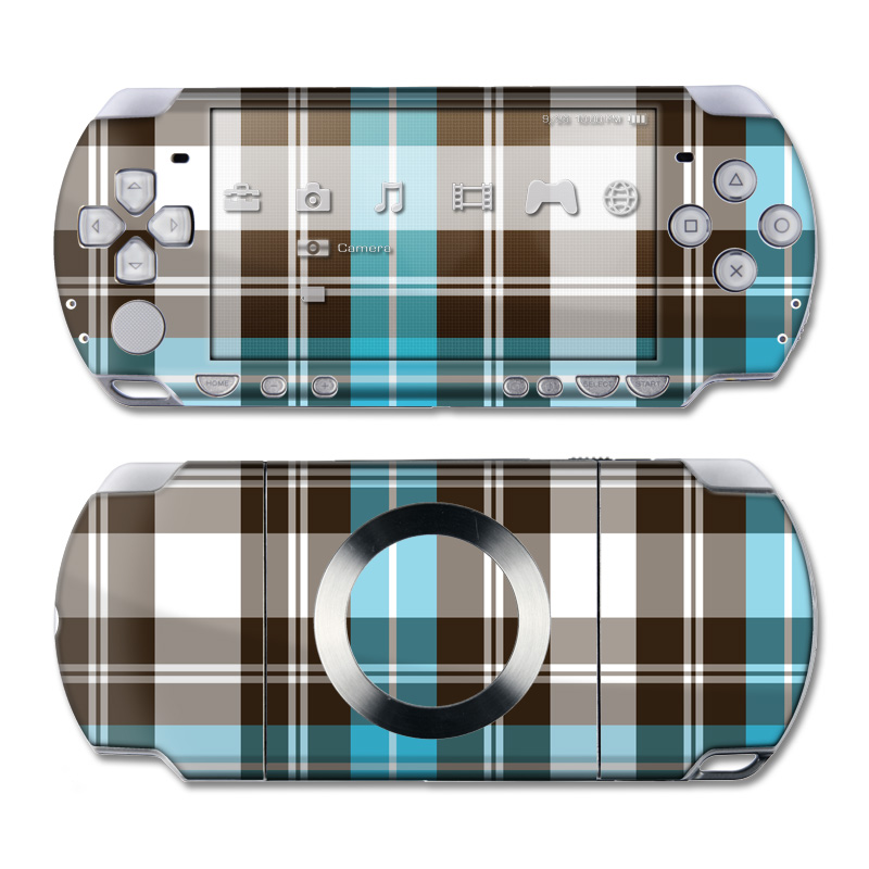 PSP 2nd Gen Slim & Lite Skin design of Plaid, Pattern, Tartan, Turquoise, Textile, Design, Brown, Line, Tints and shades, with gray, black, blue, white colors