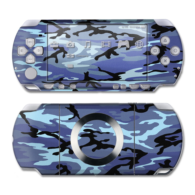 PSP 2nd Gen Slim & Lite Skin design of Military camouflage, Pattern, Blue, Aqua, Teal, Design, Camouflage, Textile, Uniform, with blue, black, gray, purple colors
