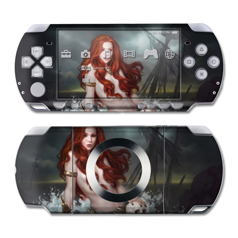 PSP 2nd Gen Slim & Lite Skin design of Mermaid, Cg artwork, Illustration, Fictional character, Mythology, Mythical creature, Art, Long hair, Woman warrior, Sitting, with black, brown, red, yellow, white, gray colors